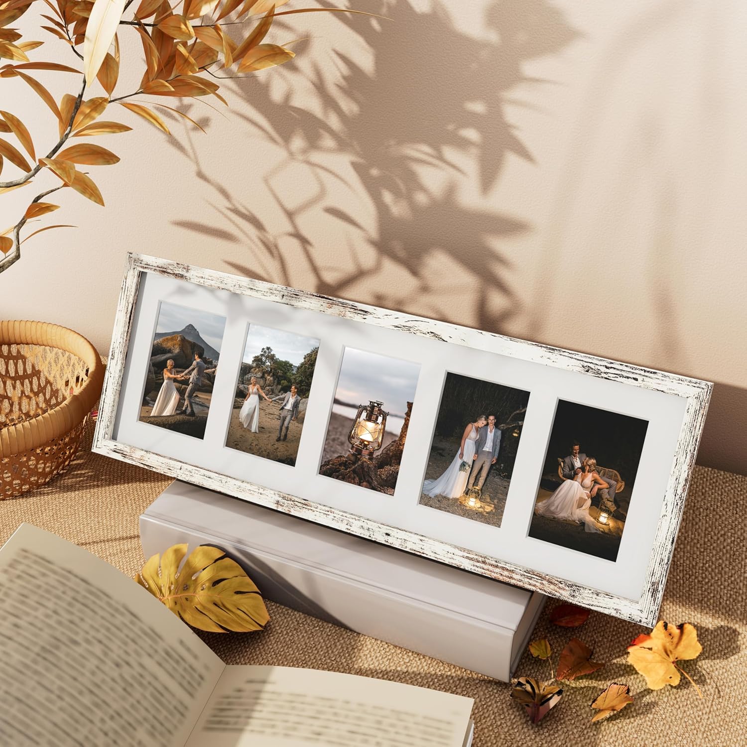 Vittanly 8x24 Collage Picture Frame, Displays 5Pcs 4x6 Pictures with Mat or 1Pcs 8x24 without Mat, Picture Frames Collage Wall Decor for Horizontal or Vertical Display, Distressed White, 1 Pack