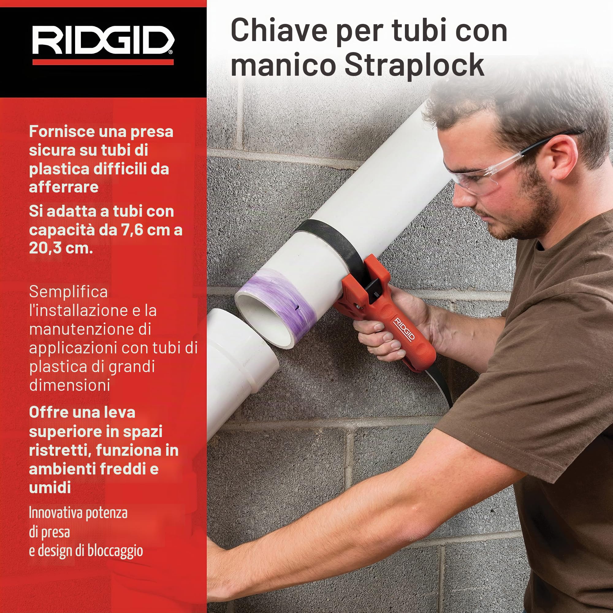 RIDGID 42478 Maniglia per tubo STRAPLOCK, giratubi a nastro da 7,5 cm a 20 cm