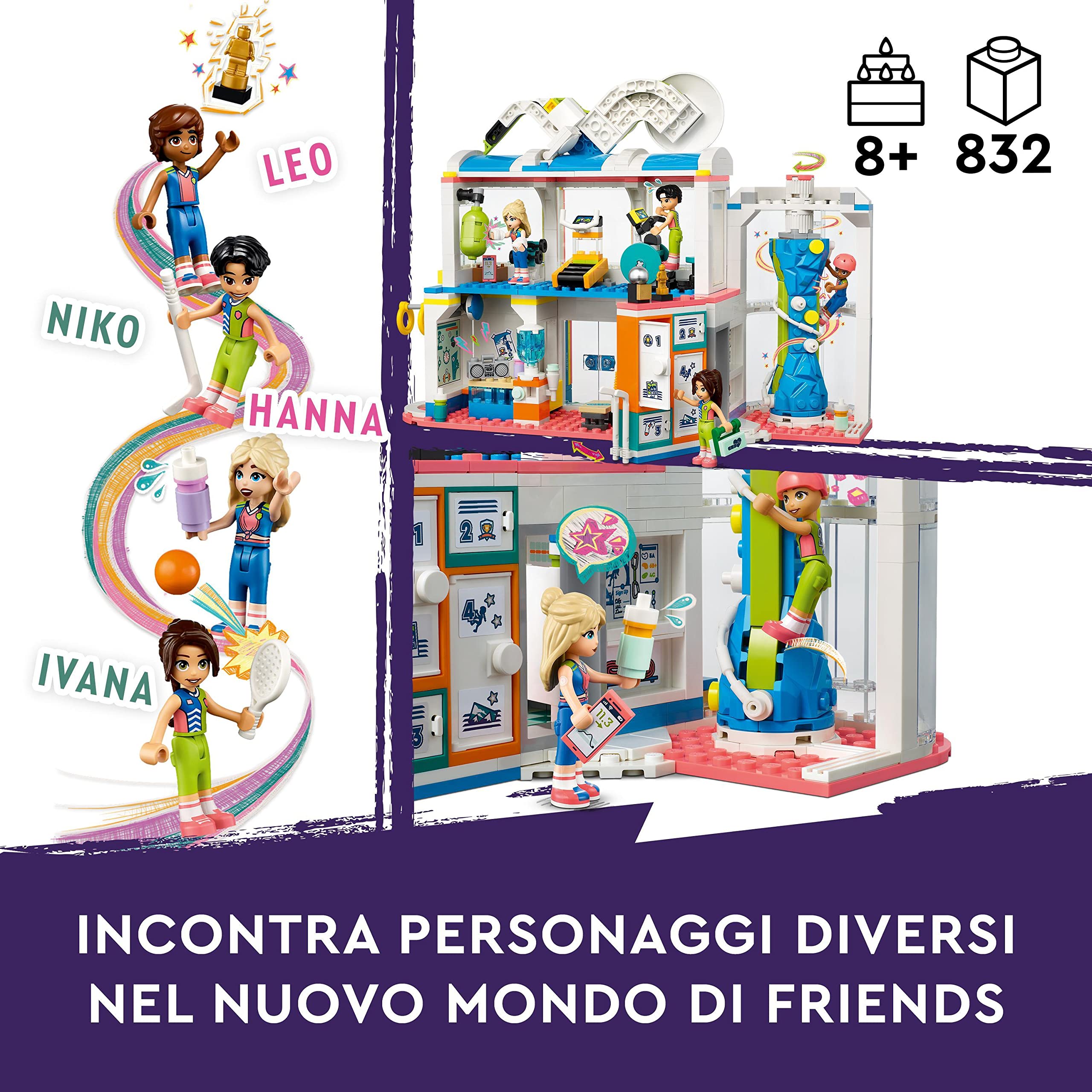 LEGO Friends Centro Sportivo con Gioco del Calcio, Basket e Tennis più Parete da Arrampicata e 4 Mini Bamboline, Giochi Heartlake City per Bambine e Bambini da 8 Anni, Idea Regalo di Compleanno 41744