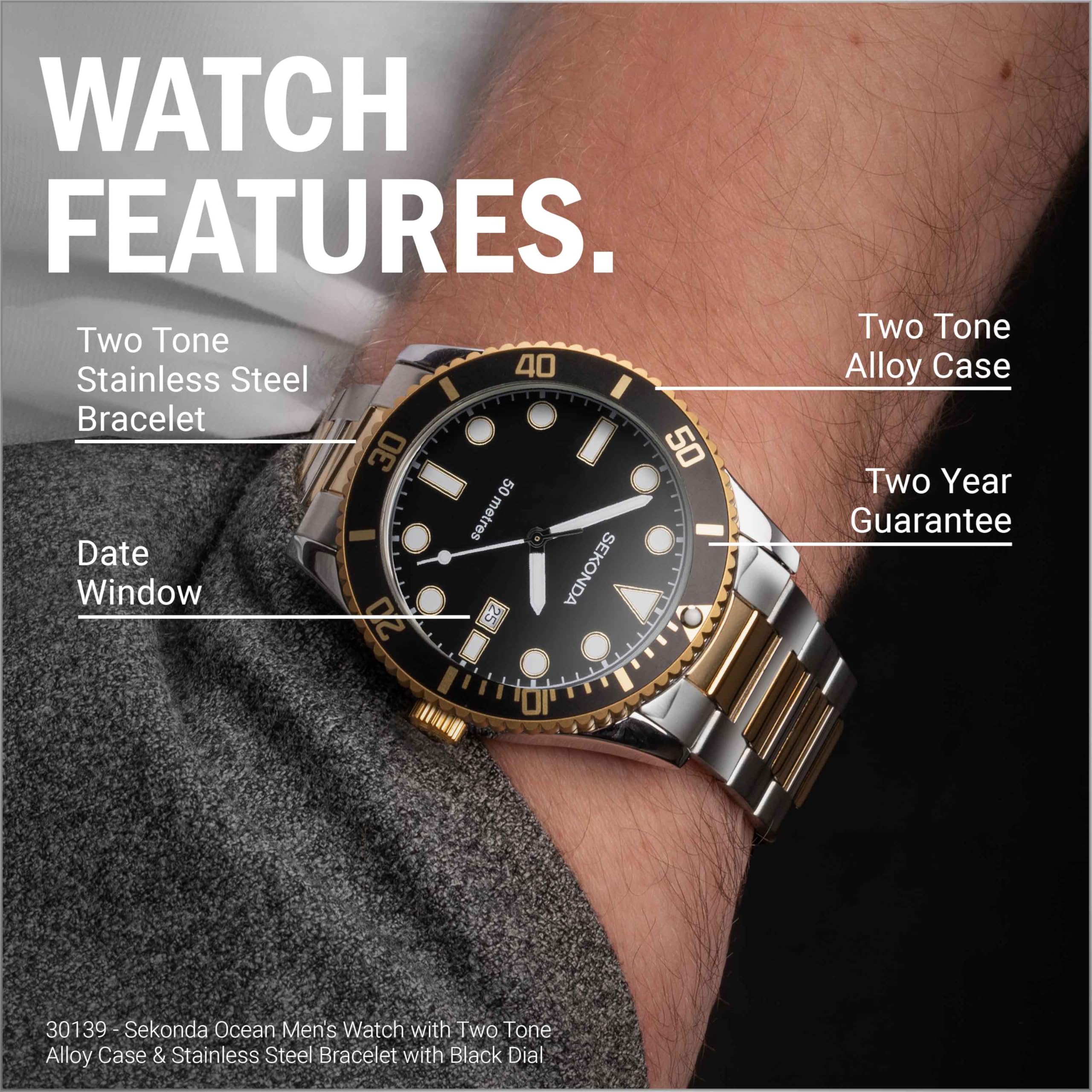 Sekonda Dive Oceans - Orologio al quarzo da uomo, 43 mm, con datario analogico e cinturino in acciaio inossidabile, Nero/Due Tonalità, Bracciale
