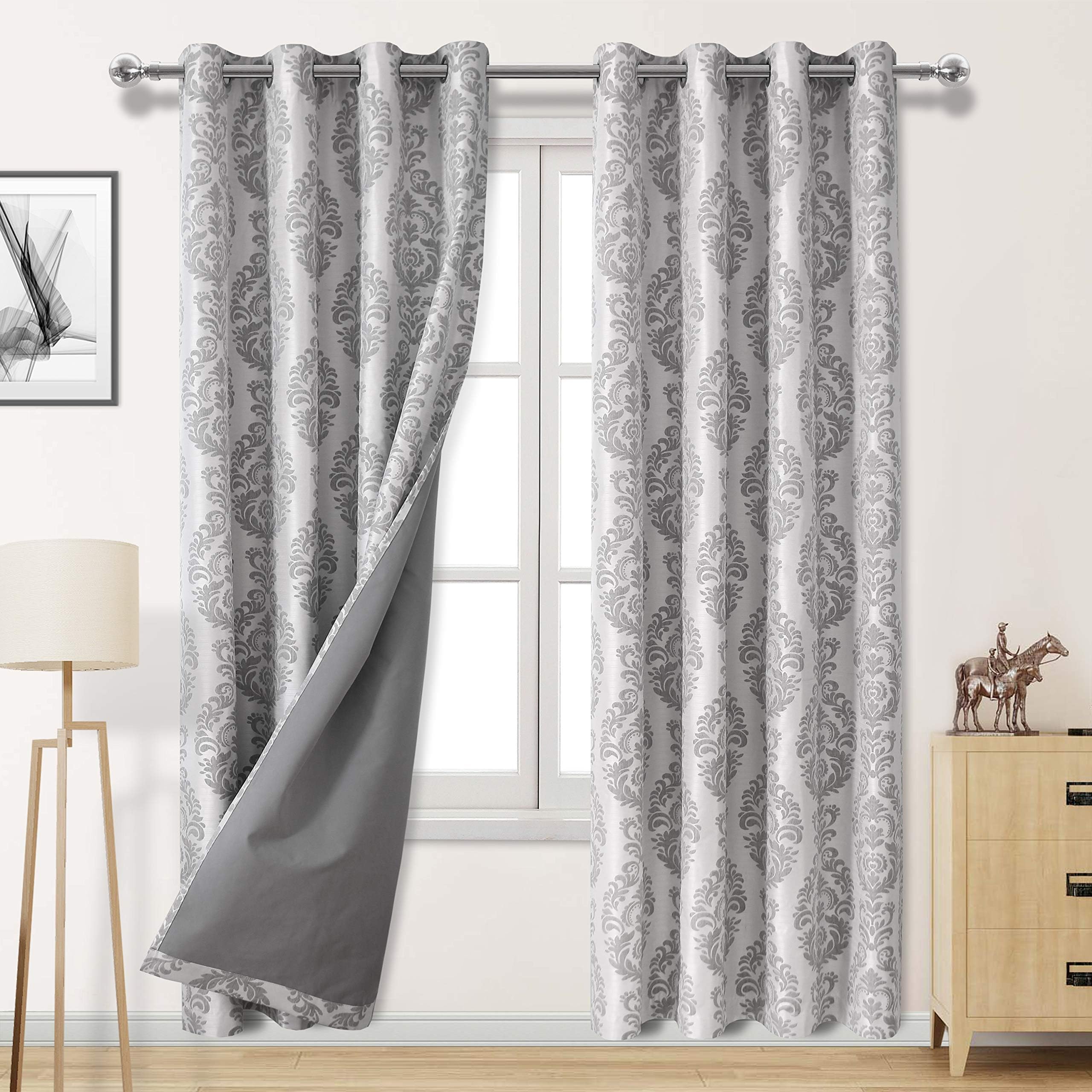 DWCN 100% Grey Blackout Curtains with Thermal Back Coating - Insulated Energy Saving & Noise Reducing Curtains Floral Jacquard Damask Drapes for Living Room, 52 x 96 inch, 2 Panels