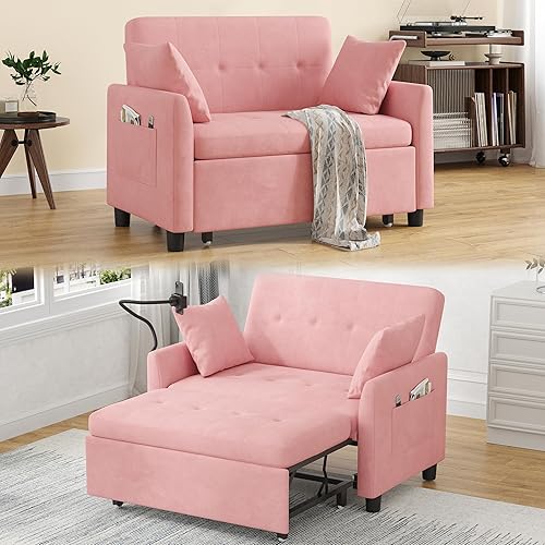 Miniatura 8 de Sofá cama convertible 3 en 1, sofá cama plegable pequeño, futón tamaño matrimonial, sofá biplaza de terciopelo de 46 pulgadas con almohada y soporte