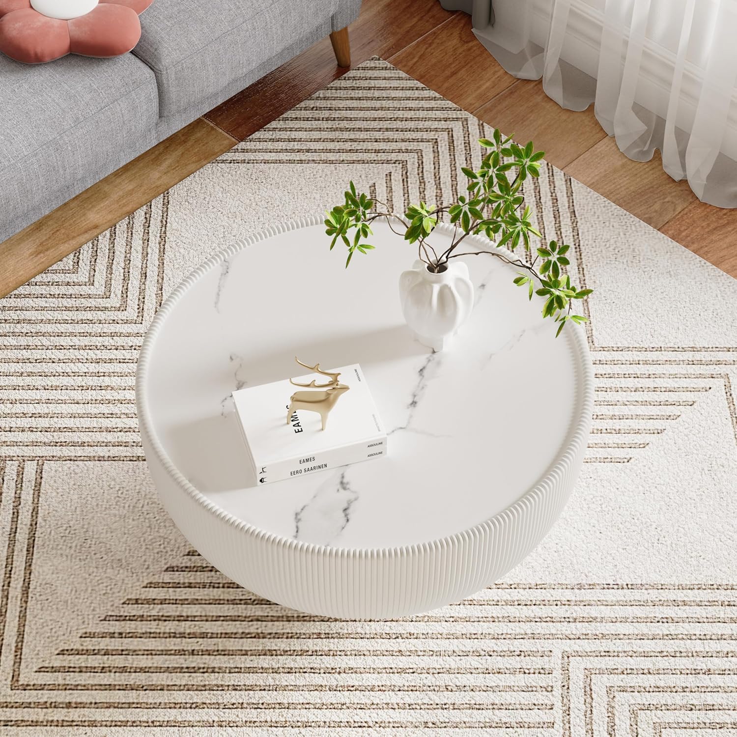 Round Bowl Coffee Table, Modern Tea Accent Sintered Stone Center Table with Decorative Vertical Texture Leather Cover Gold Base for Living Room Apartment