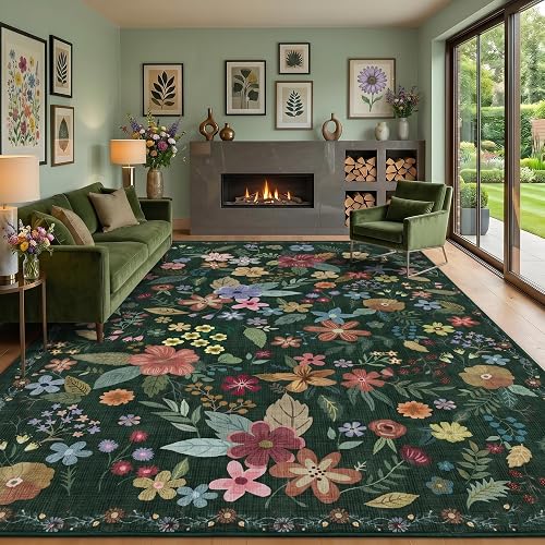 Floral 5x7 Area Rug Machine Washable Soft Print Boho Carpet Non Slip Rugs Low Pile Flower Area Rugs for Living Room Bedroom Nursery Kitchen Dining Room Indoor-Dark Green