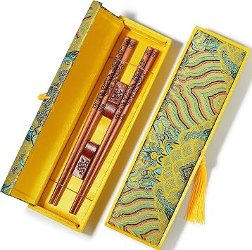 Chopstick Reusable, Wooden Dragon Chopsticks with Holder and Carrying Bags, Chinese Traditional Chop Sticks Set 9 1/4 Inches 2 Pairs