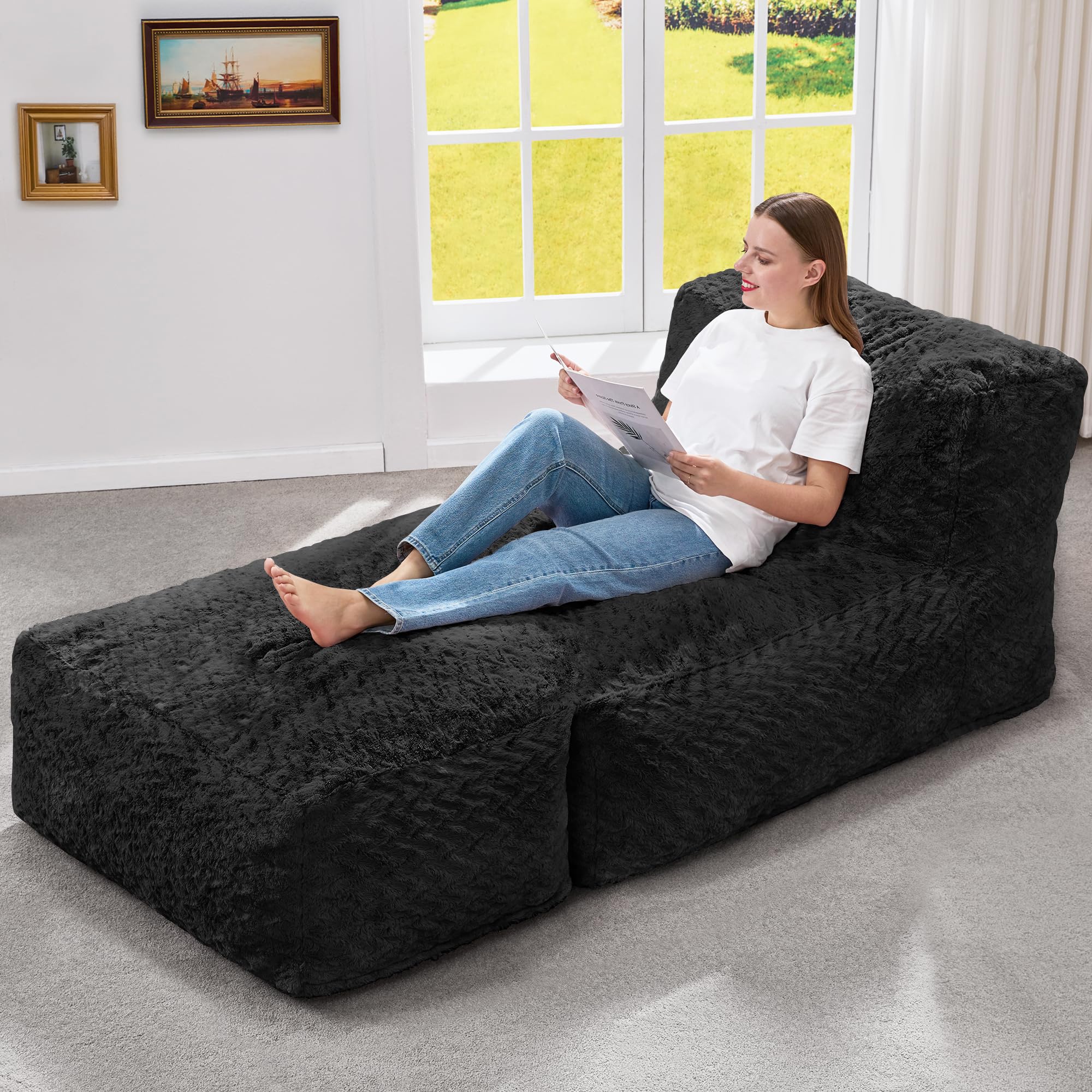 Hobestluk Bean Bag Chair Big Bean Bag Lounger for Adults Bean Bag Couch with Memory Foam Filled for Living Room, Bedroom or Balcony (Chevron Plush Black)