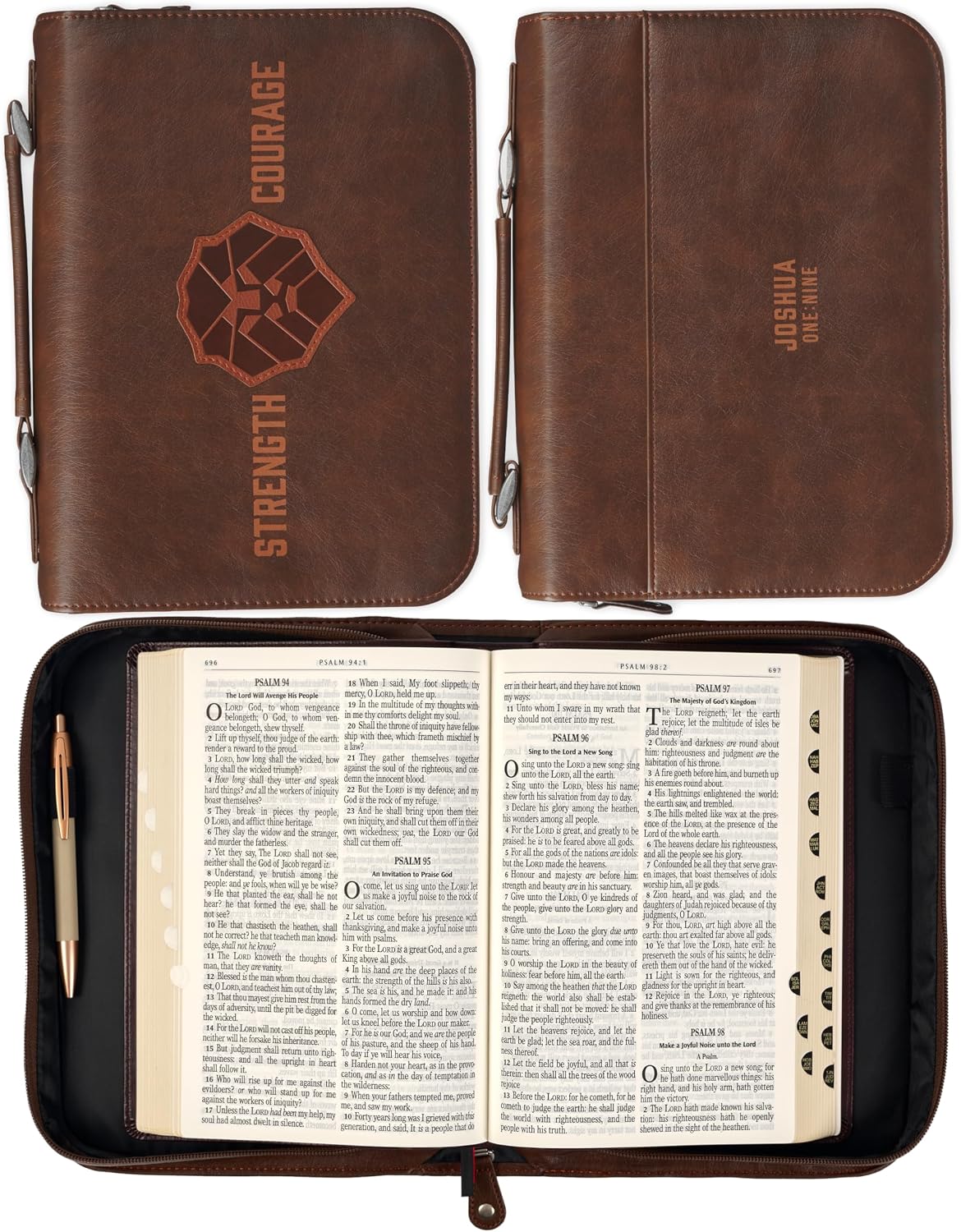 Christian Art Gifts Classic Vegan Leather Bible Cover for Men & Boys: Strength & Courage Encouraging Scripture Verse, Lion Design Sturdy Easy Carry Case Storage, Pockets, Pen Loops, Brown, Medium