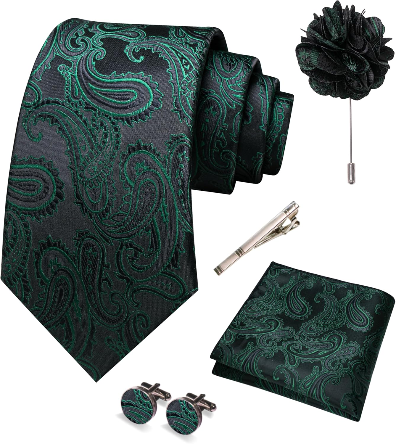 JEMYGINS Mens Paisley Tie and Pocket Square,Lapel Pin,Cufflinks,Tie Clip Sets with Gift Box 5PCS