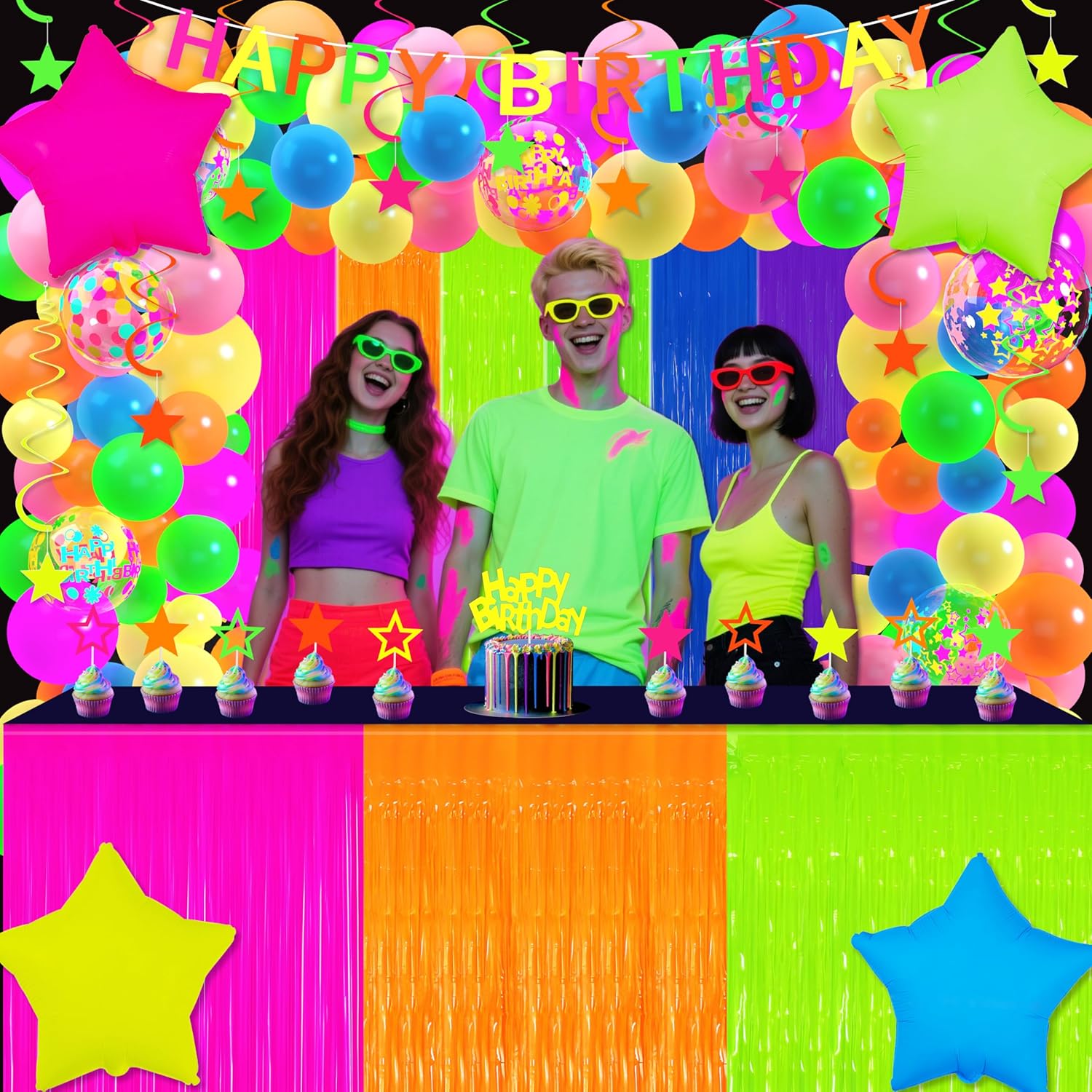 Glow in The Dark Party Supplies Kit - Neon Birthday Decorations with Balloon Garland Arch, Fluorescent Tinsel Curtains, Star Swirls, Cake Toppers & Table Skirt (100+ Pieces)