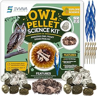 ES EVVIVA SCIENCES Owl Pellet Kit - Dissect 30 Mostly Small Real Owl Pellets w/Tools & PDF Bone Charts - Science Education Kit for Ages 15+ - Hands-On Animal Biology Science Lab Activity