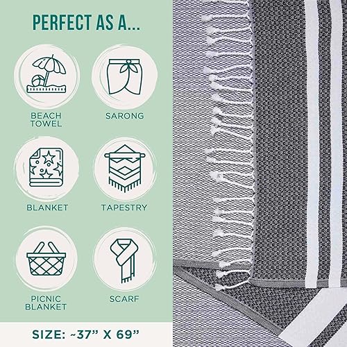 Miniatura 3 de Sand Cloud Toalla de playa turca, sin arena, secado rápido, hilo de algodón turco orgánico 100% certificado, ideal para baño de playa o como manta,