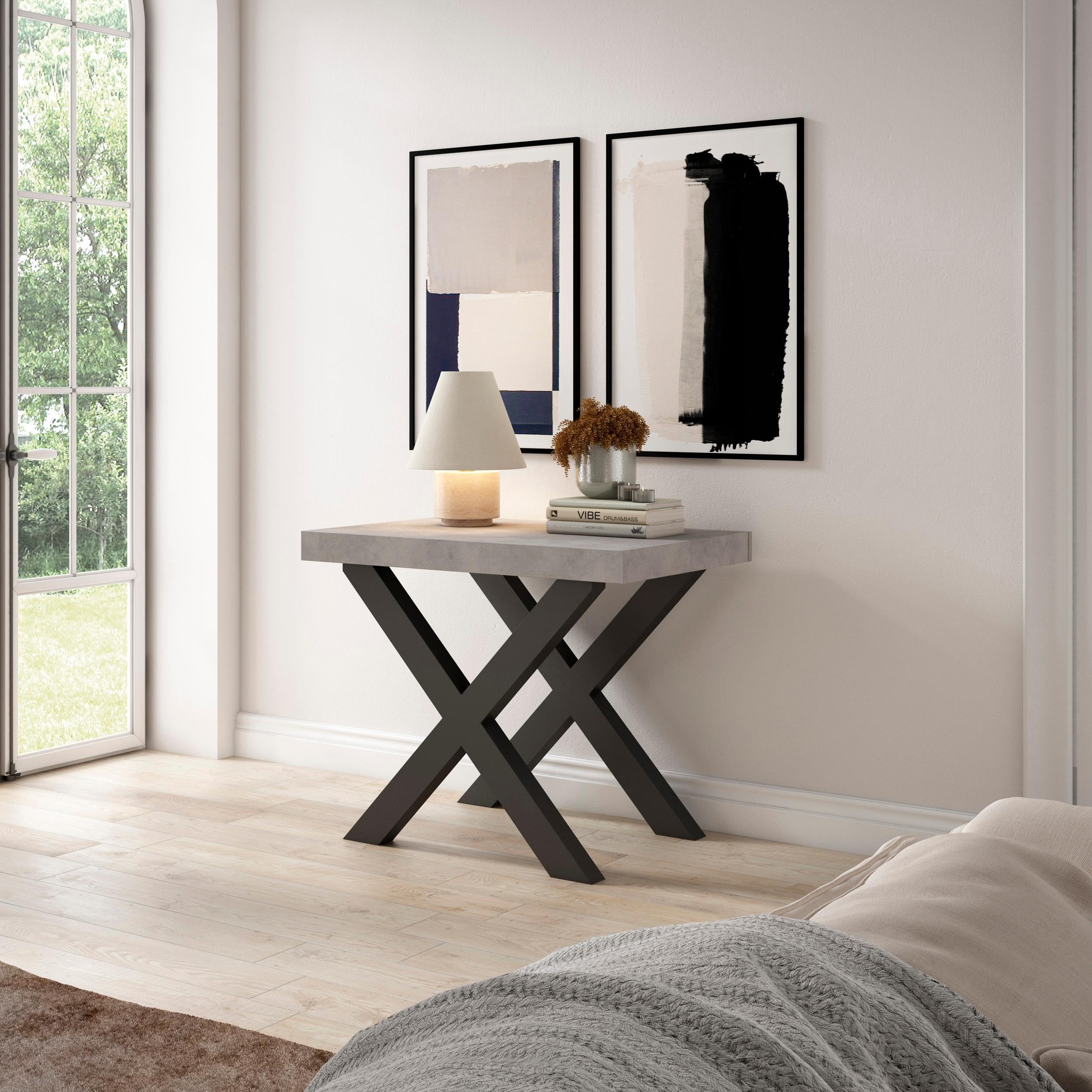 Skraut Home | Table Console Extensible | Console Meuble | 220 | pour 10 Personnes | Pieds Bois Massif | Style Moderne | Ciment