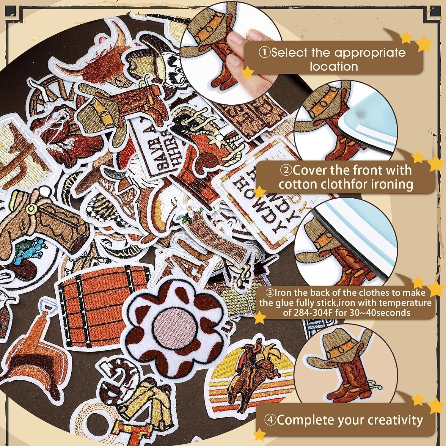 Thiccywoov 80 Pcs Country Western Cowboy Iron on Patches Brown Patches for Hat Vintage Embroidered Sew on Applique Bulk for Clothing Jackets Backpacks Stockings DIY Accessories