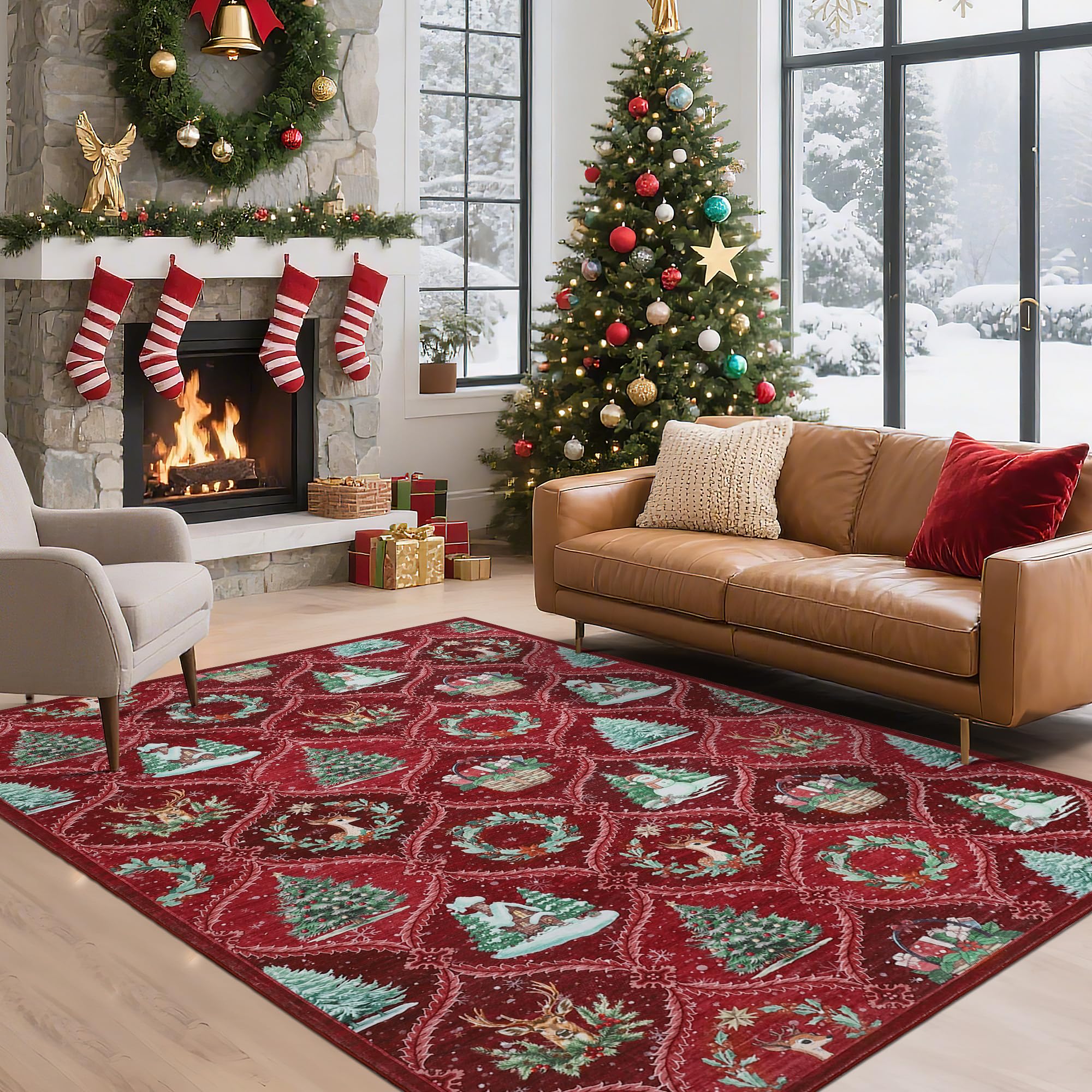 LuxFocus Red Christmas Rug Vintage Stag Grid Non-Slip Washable 120×170cm