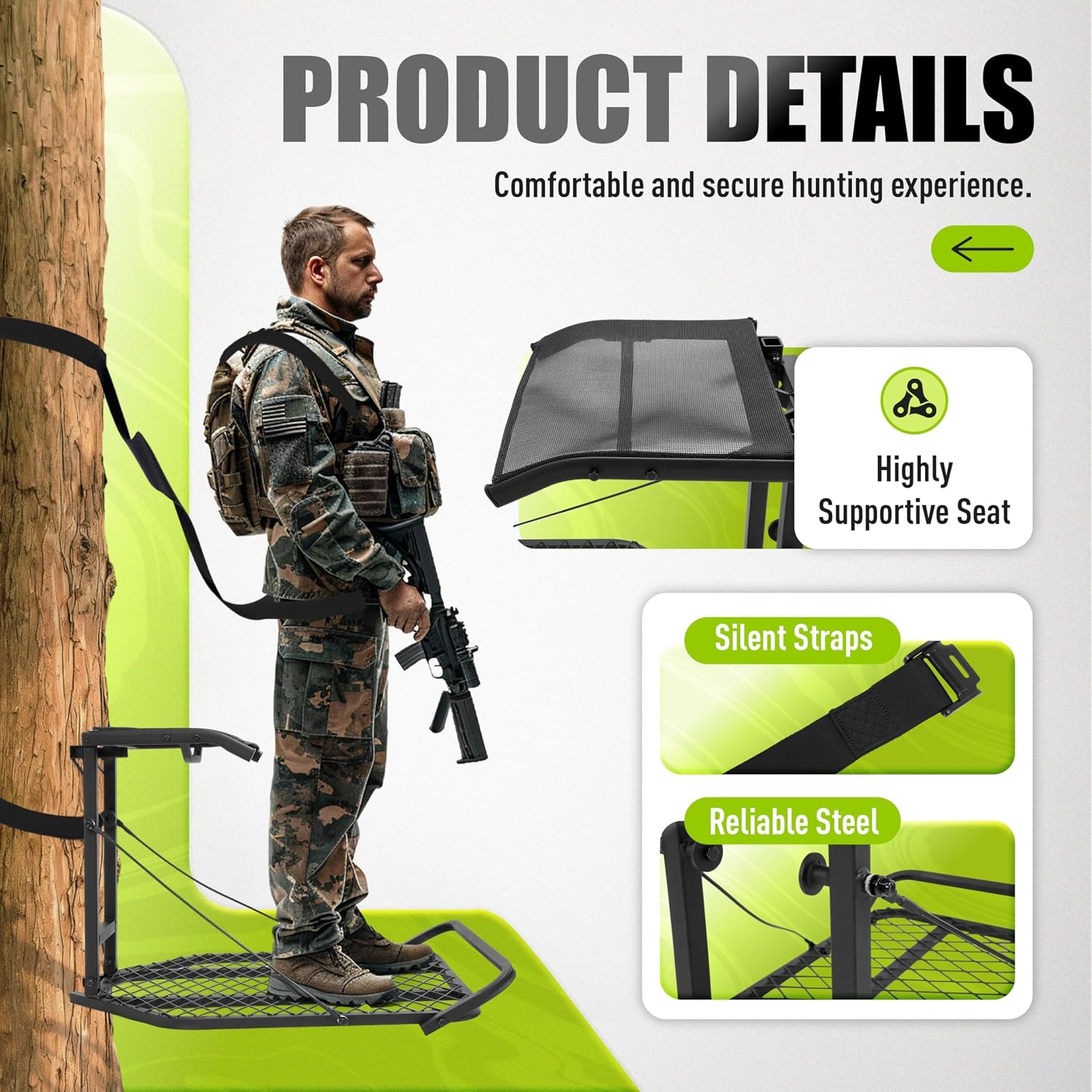 Hang On TreeStand for Hunting, Powder Coated Steel Construction with 25.7" x 31.4" Platform and Seat, Black, 300 LBS Capacity with Seat & Secure Strap