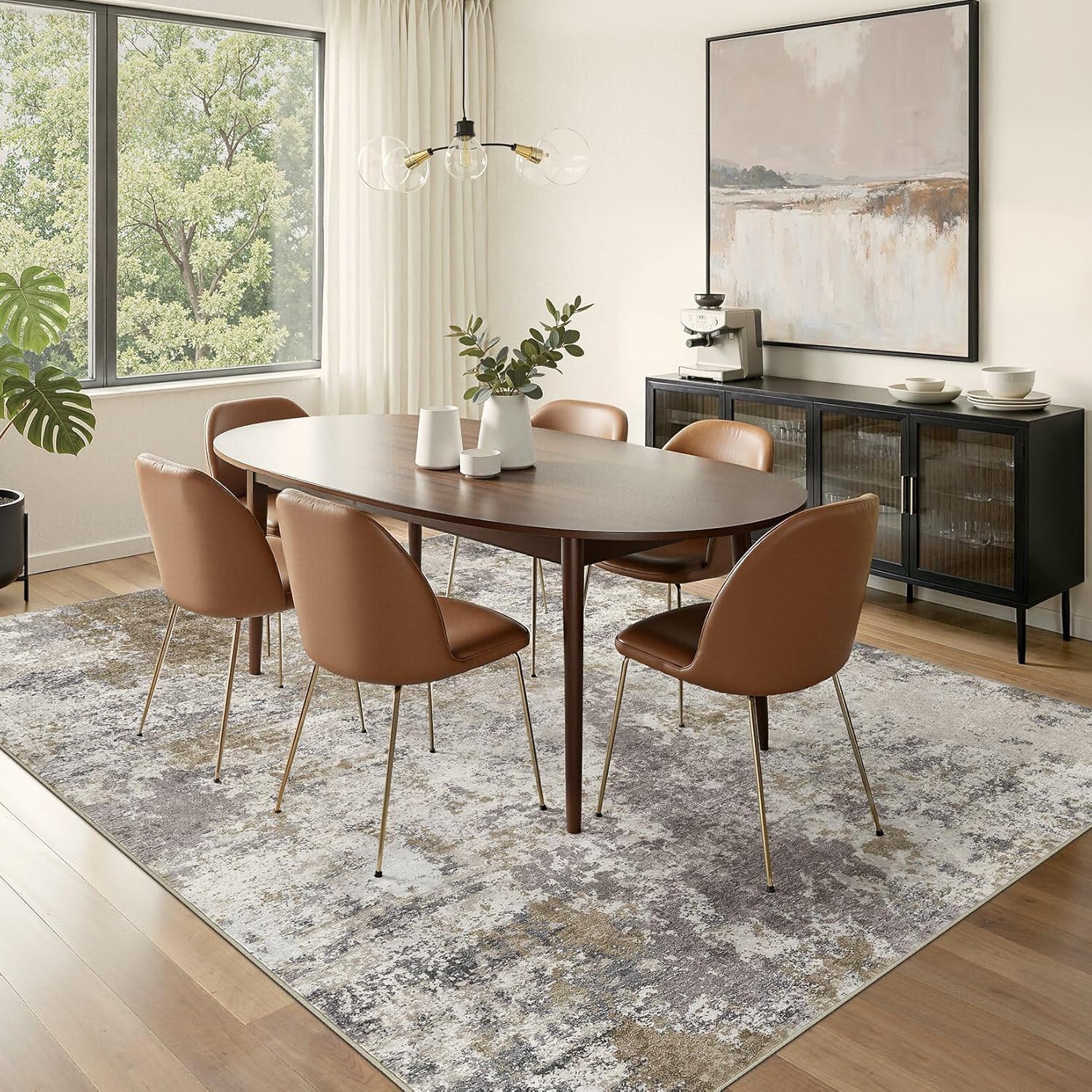 Nakagishi 8X10 Area Rugs for Living Room: Washable Modern Abstract Rug with Non-Slip Silicone Backing Low Pile Soft Carpet for Bedroom&Dining Decor Ideal for Families with Kids and Pets-Dark Brown