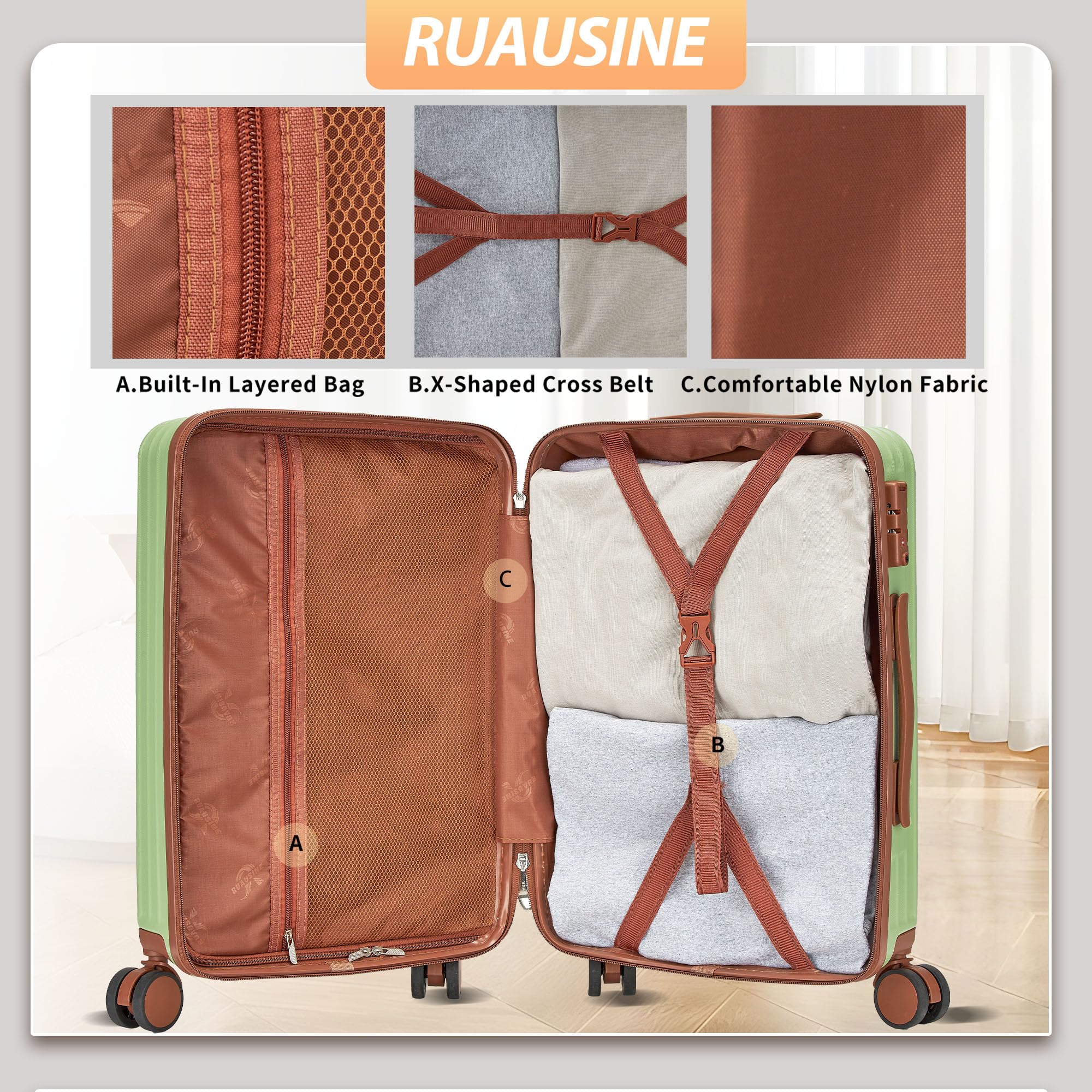 Ruausine Valigia a Mano Approvata per Trasporto Aereo, ​​Trolley Bagaglio a Mano​​ Rigido con ​​Ruote Multidirezionali​​, ​​Valigia Piccola Trolley​​ Leggera con Combinazione (Green, 20 IN)