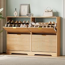 Xixini Shoe Storage Cabinet for Entryway with 4 Flip Drawers, Hidden Slim Wood Shoe Organizer with Modern Fluted Panel, Freestanding Narrow Shoe Rack for Front Door Entrance, Hallway, Foyer, Oak