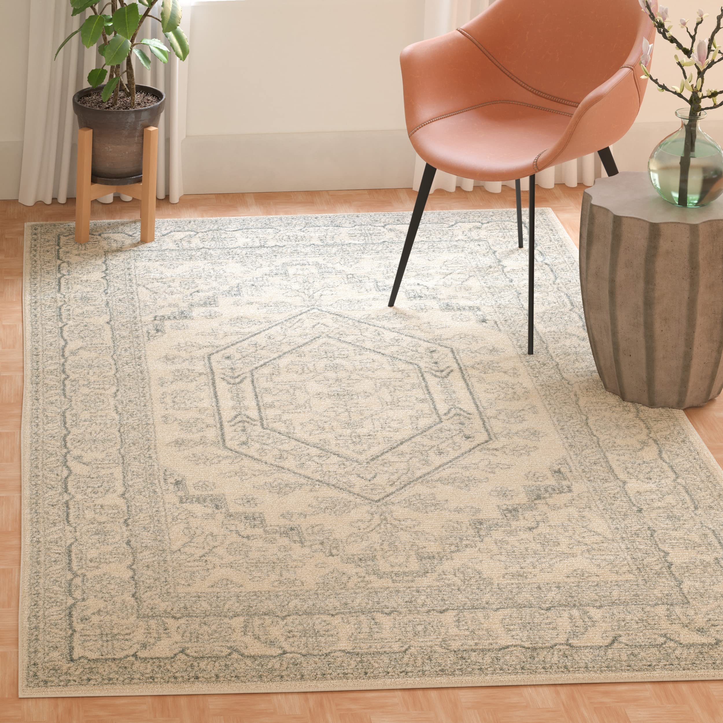 SAFAVIEH Adirondack Collection Area Rug - 4' Square, Ivory & Slate, Oriental Medallion Design, Non-Shedding & Easy to Clean, Ideal for Living Room,