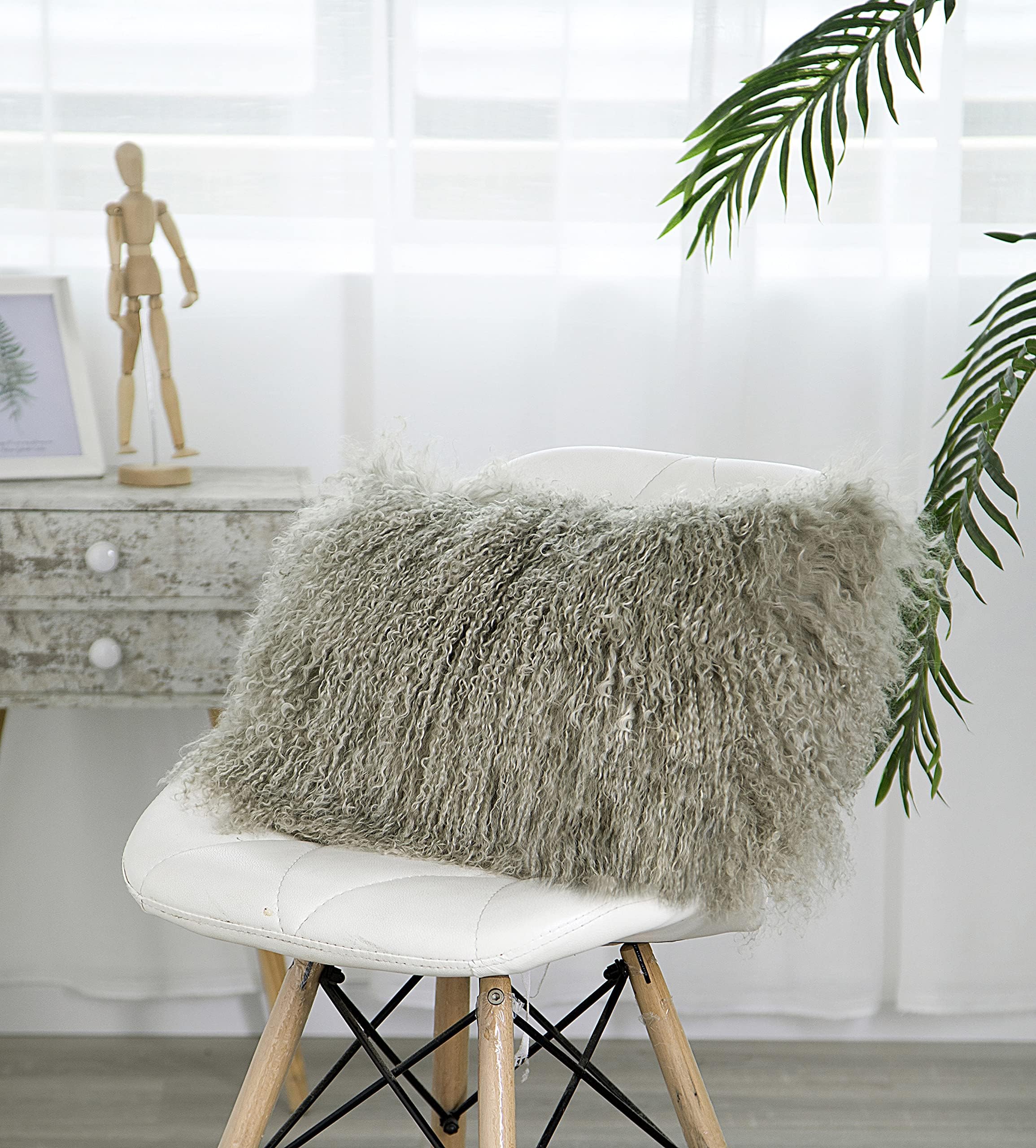 100% Real Mongolian Lamb Fur Curly Wool Rectangle Throw Pillow Cushion Tibetan Lambswool Decorative Pillow for Living Room Bedroom Car,Pillow Insert Included,12x20in,Light Gray