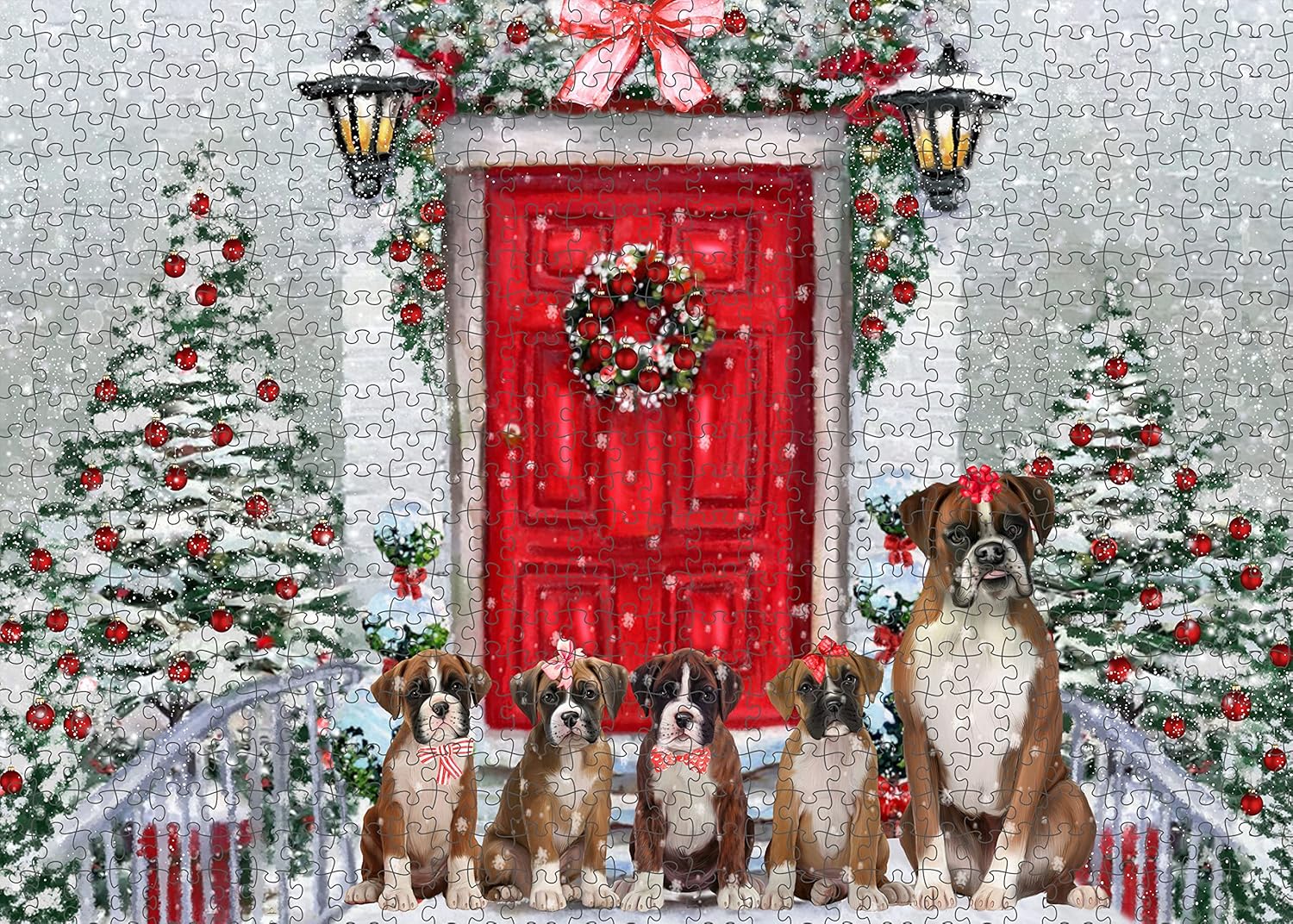 Christmas Holiday Welcome Boxer Dogs Jigsaw Puzzle for Adults - Animal Printed Interlocking Puzzle Game Artwork - Gift for Dog Lover's - 1000 Pcs 29.5"x19.7"