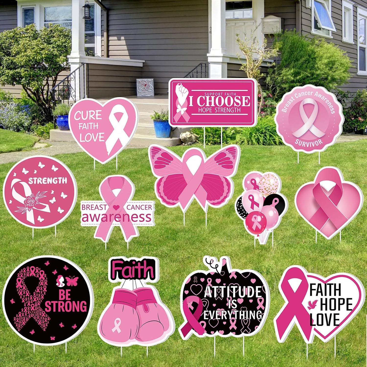 Amyhill 12 Pcs Breast Cancer Awareness Yard Signs for Outdoor Pink Ribbon Garden Lawn Signs Decoration with Stakes Waterproof Decor Gifts for Women Festive Holiday Party Patio Lawn Walkway Decoration