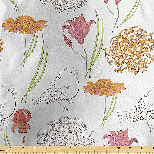 Miniatura 1 de Ambesonne Floral Fabric by The Yard, Retro Spring Themed Foliage Pattern Including Lily and Iris Flowers and Birds Print, Decorative Satin Fabric