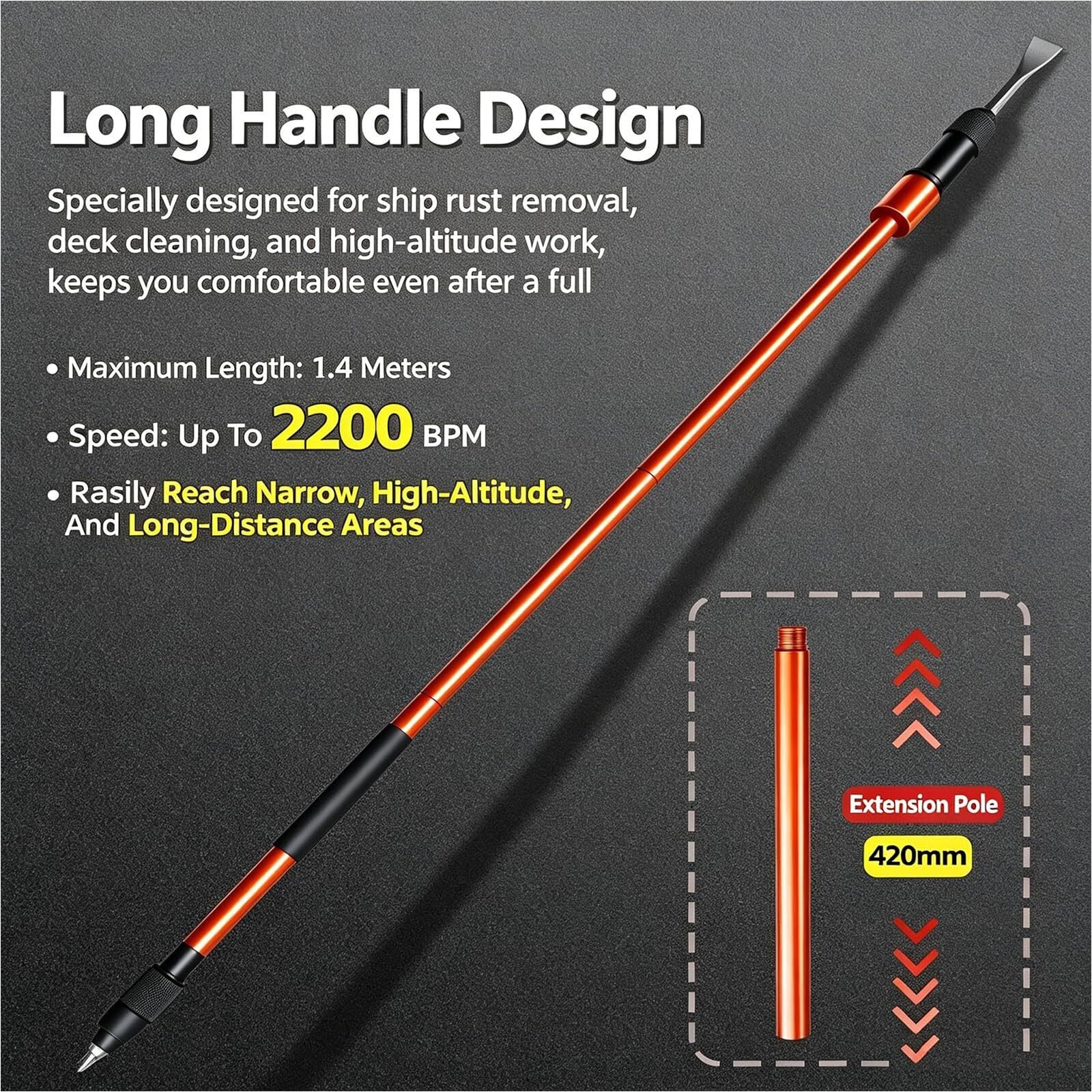 Martillo neumático de largo alcance para cincelar, 740/1100/1400 mm | Herramienta industrial desincrustadora de 2200 BPM, velocidad ajustable, para la eliminación de escoria de soldadura(1100mm)
