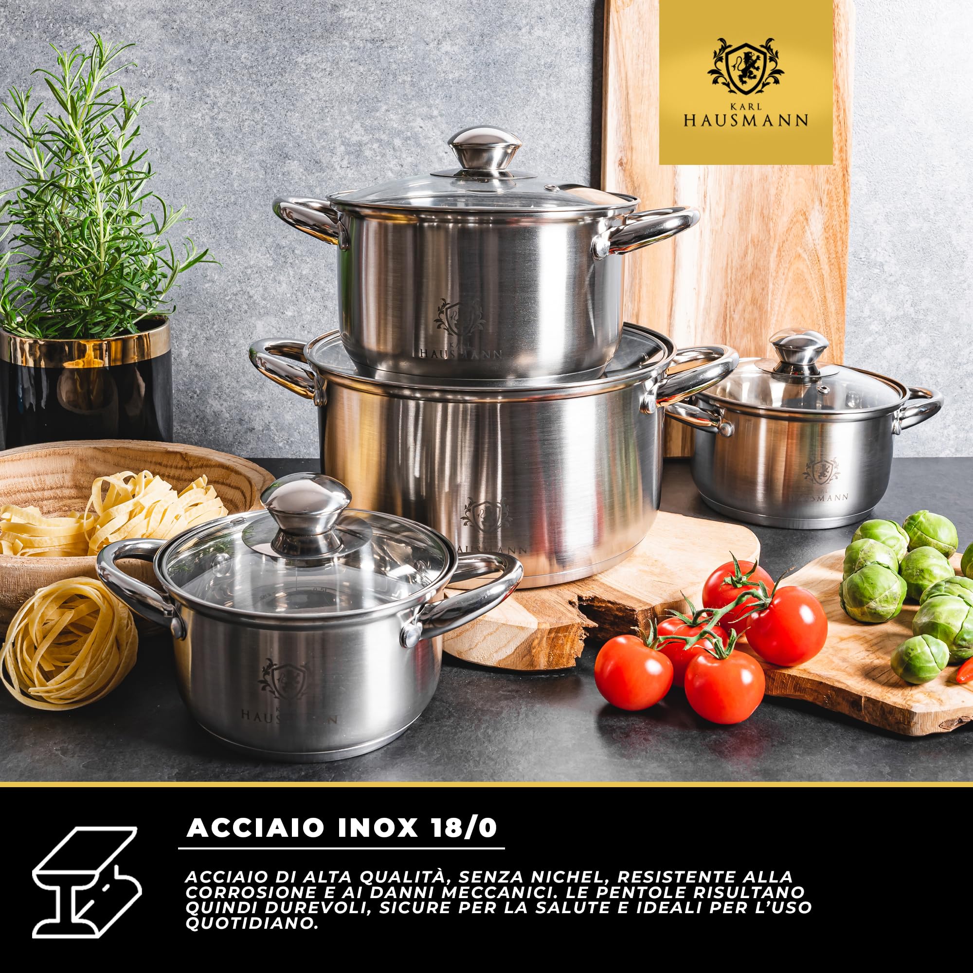 KARL HAUSMANN Set di Pentole Induzione - 4 Pezzi - Batteria di Pentole Acciaio Inox - Scala Interna - Pentola per Induzione, Gas, Elettrica e in Vetroceramica - Riscaldamento e Cottura Uniforme