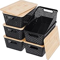 Vista 10 de Contenedores de almacenamiento pequeños con tapas, 6 unidades, cesta de almacenamiento de plástico con tapa de bambú para organización de despensa