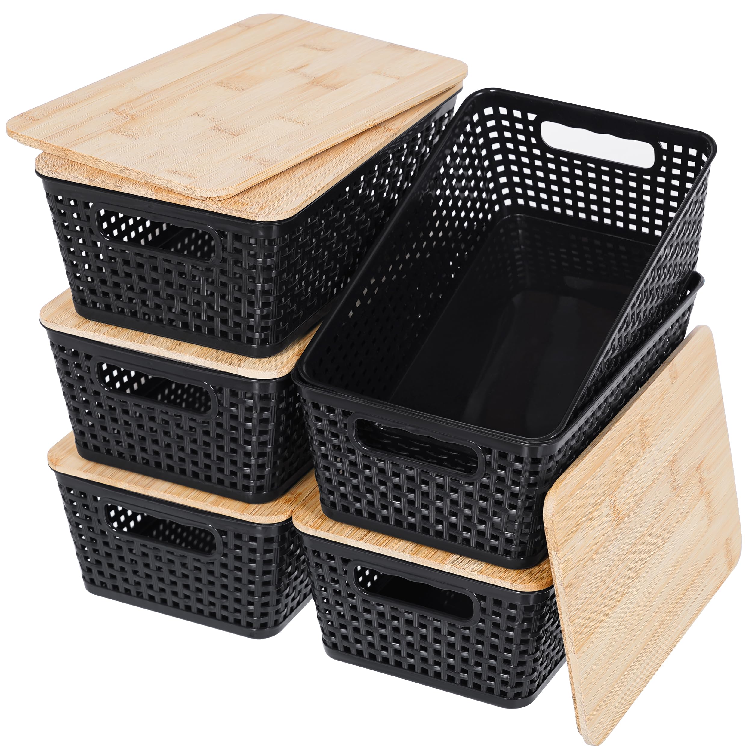 Anywish Storage Bins with Lids 6 Packs, Plastic Storage Bins with Bamboo Lids for Pantry Organization and Storage Containers for Shelves Drawers