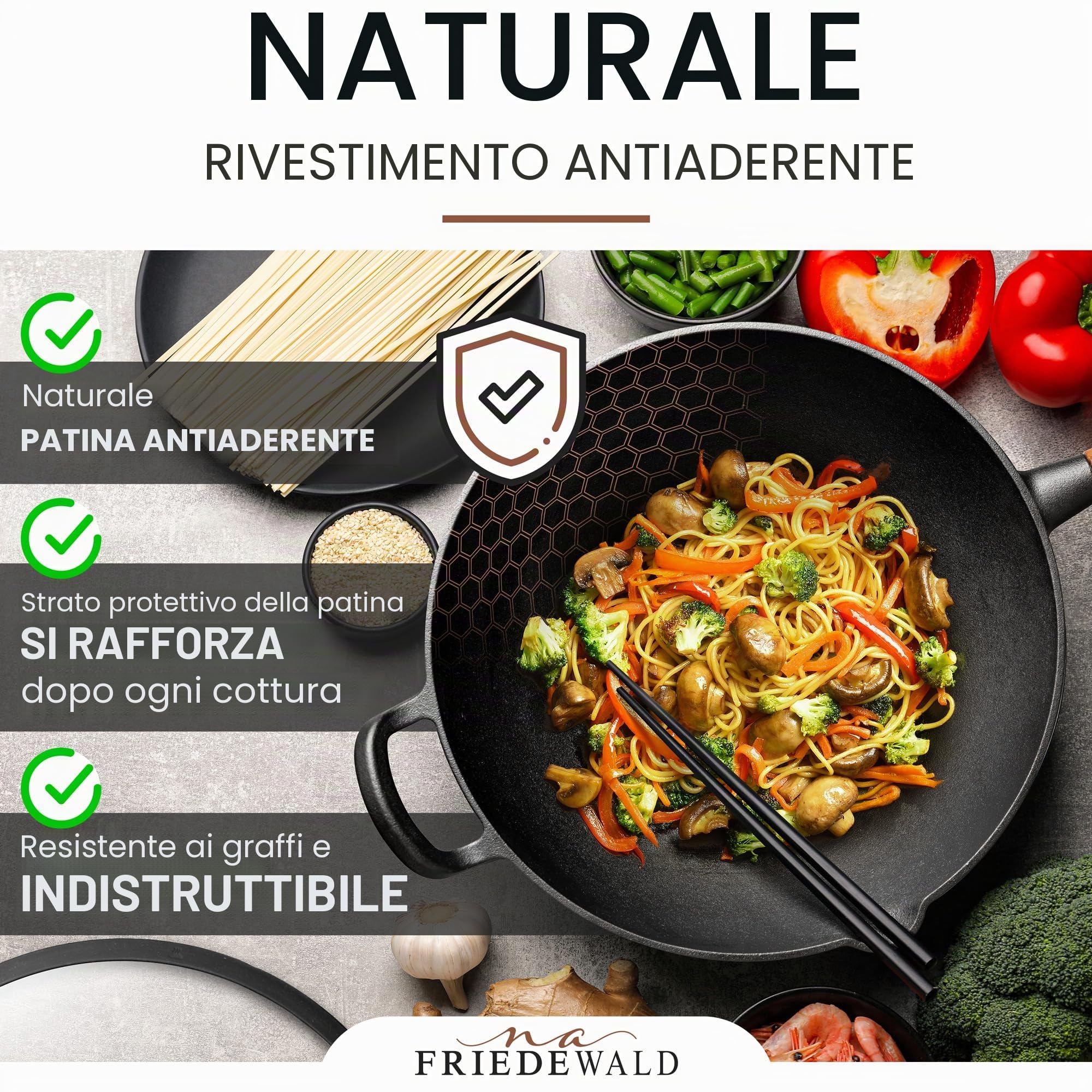 na Friedewald - Wok in ghisa con coperchio, adatto a piani cottura a induzione, 33 cm, 5 l, adatto a tutti i piani cottura, grande padella da griglia e cottura, rivestimento antiaderente