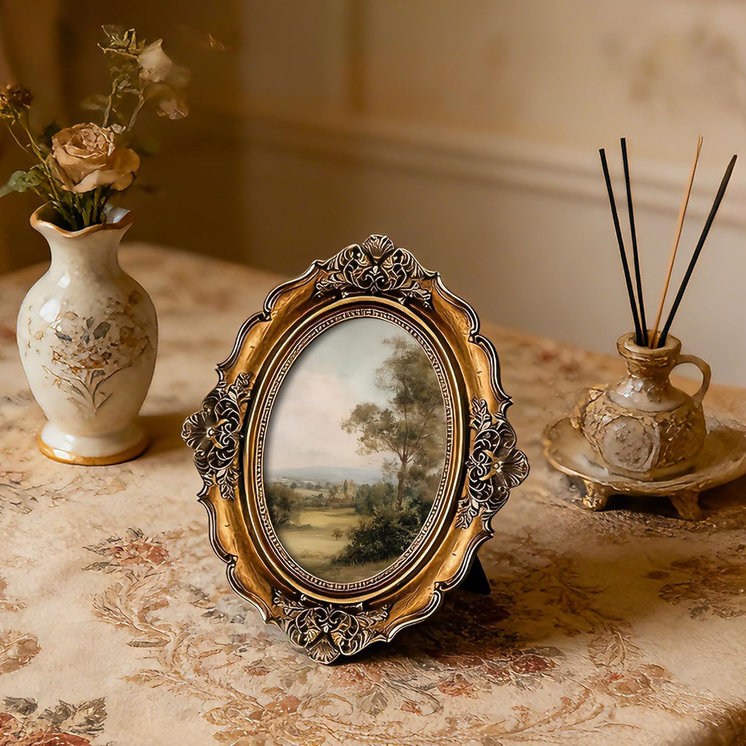 XIAOAIKA Vintage Baroque Oval Framed Canvas Art, Landscape Countryside Scene with 3D Embossed Details, Antique Bronze Gold Resin Frame for Living Room Bedroom Entryway Décor, 10 x 8 Inch