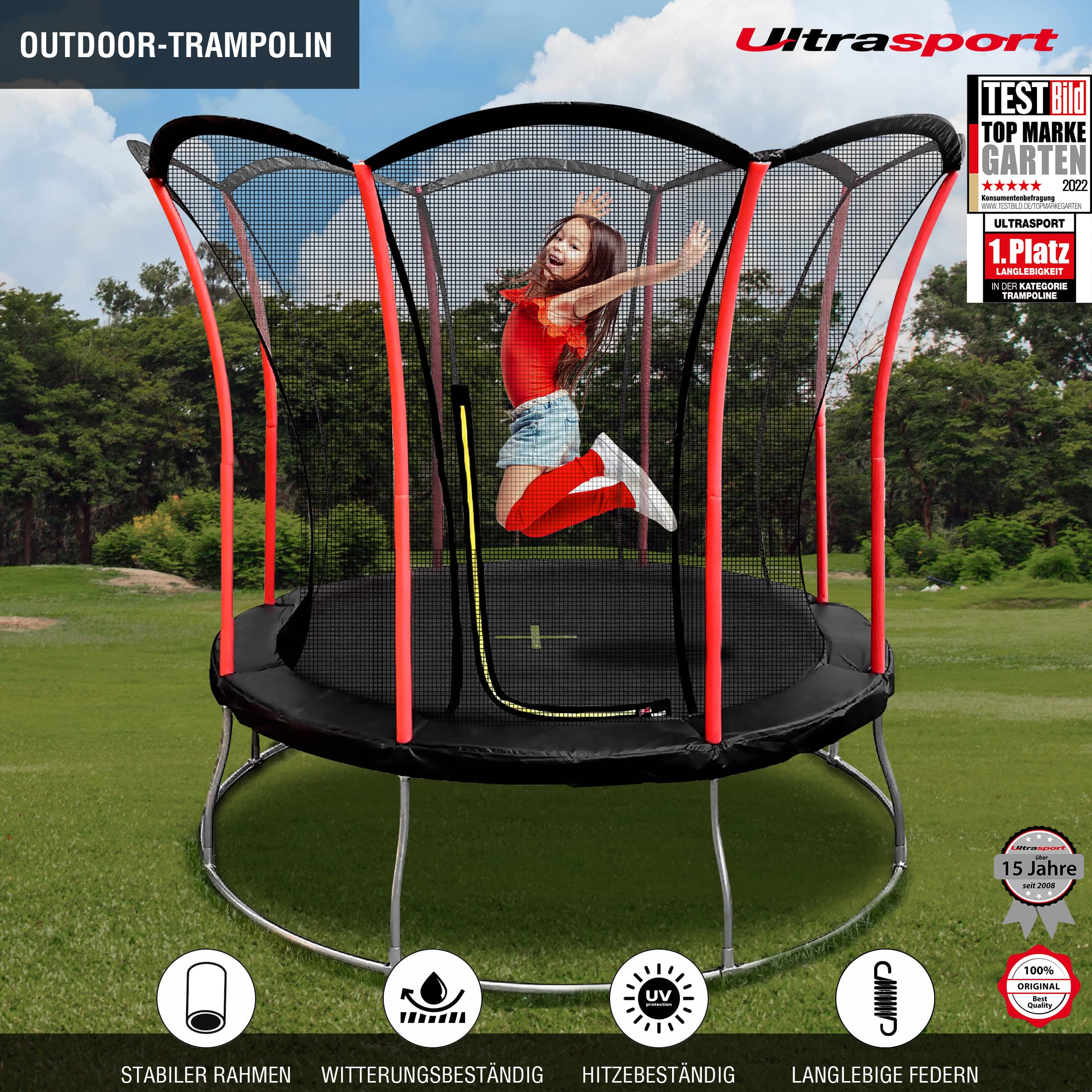 Ultrasport Lotus Gartentrampolin, Outdoor-Trampolin in 4 Durchmessern, galvanisch verzinkter Rahmen, Kindertrampolin mit toller Sicherheitsausstattung, ø