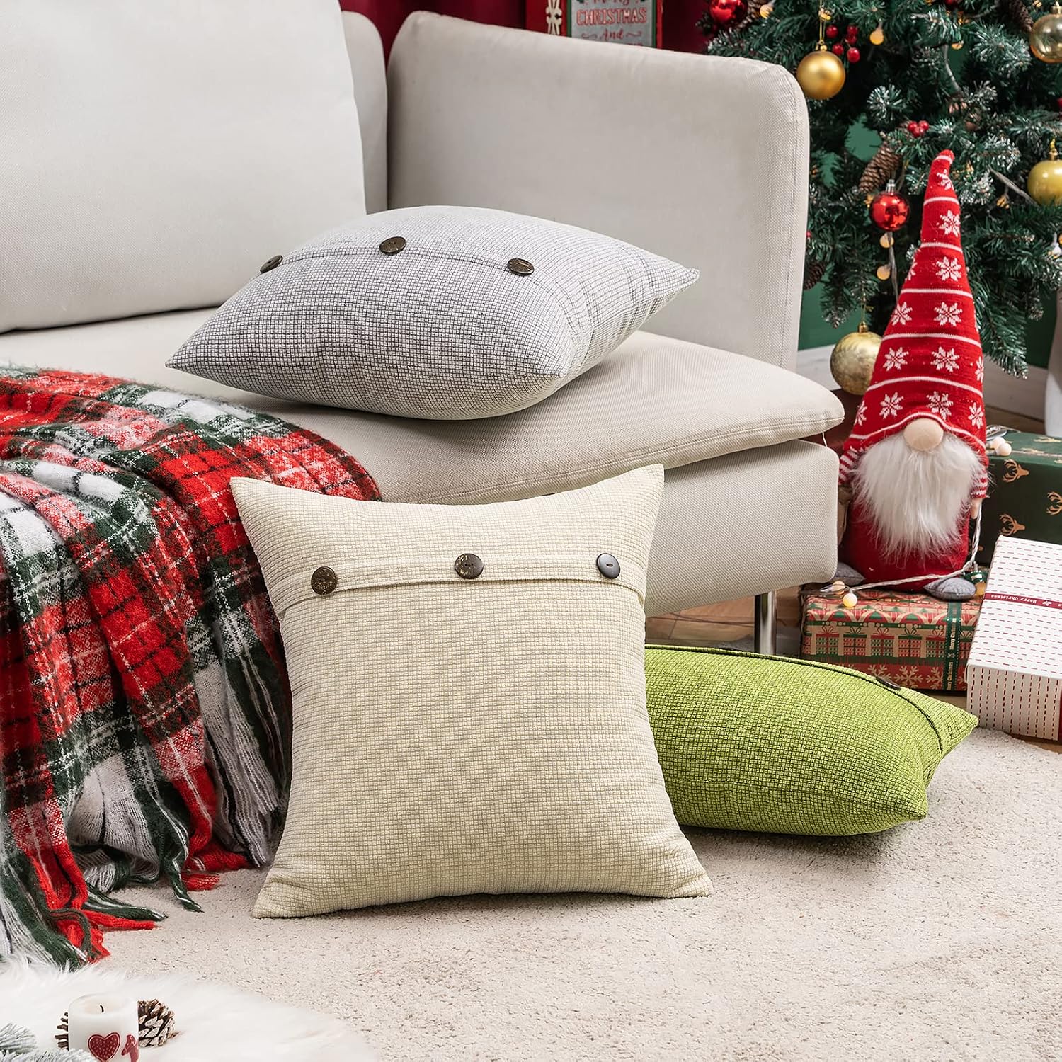 MIULEE Pack of 2 Chenille Rustic Farmhouse Decorative Throw Pillow Covers Cushion Case Triple Button Vintage Farmhouse Pillowcase for Sofa Living Room Bedroom 18X18 Inch Cream White