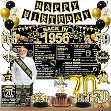 70th Birthday Decorations, Black and Gold 70th Birthday Party Supplies for Men, Back in 1956 Backdrop, Sash, Banner, Balloons, Cake Toppers, Candles, Honeycomb Centerpieces, Hanging Swirls