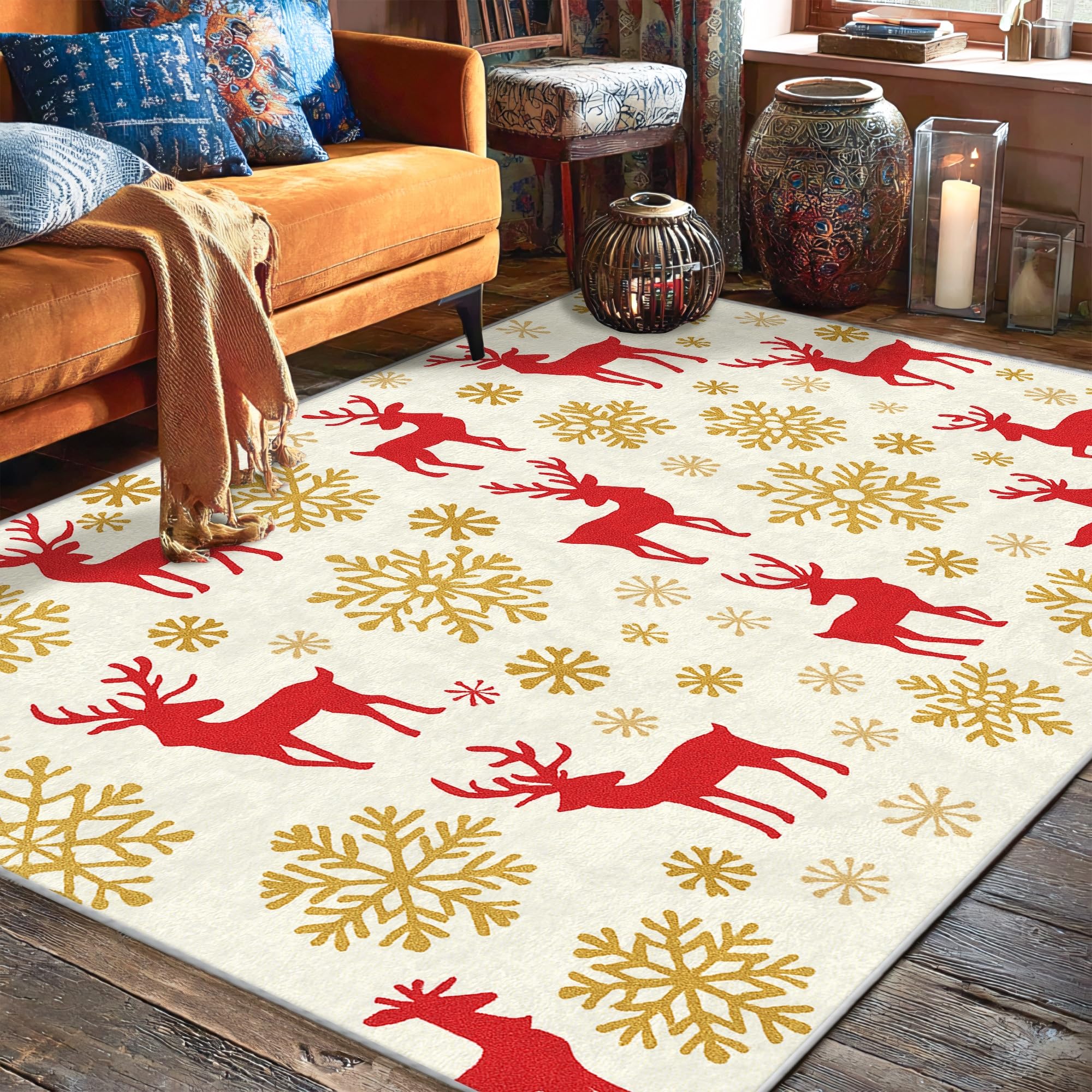 Tapis de sol rouge facile à nettoyer motif renne pour protéger et réchauffer vos parquets froids