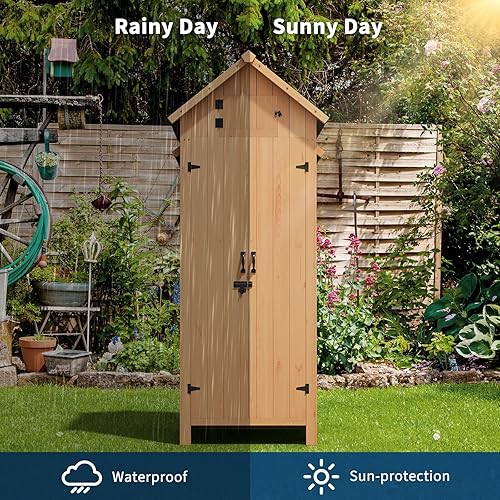 Miniatura 7 de GarveeLife Cobertizo de almacenamiento de madera para exteriores, impermeable, gabinete de almacenamiento vertical para exteriores de 70 pulgadas