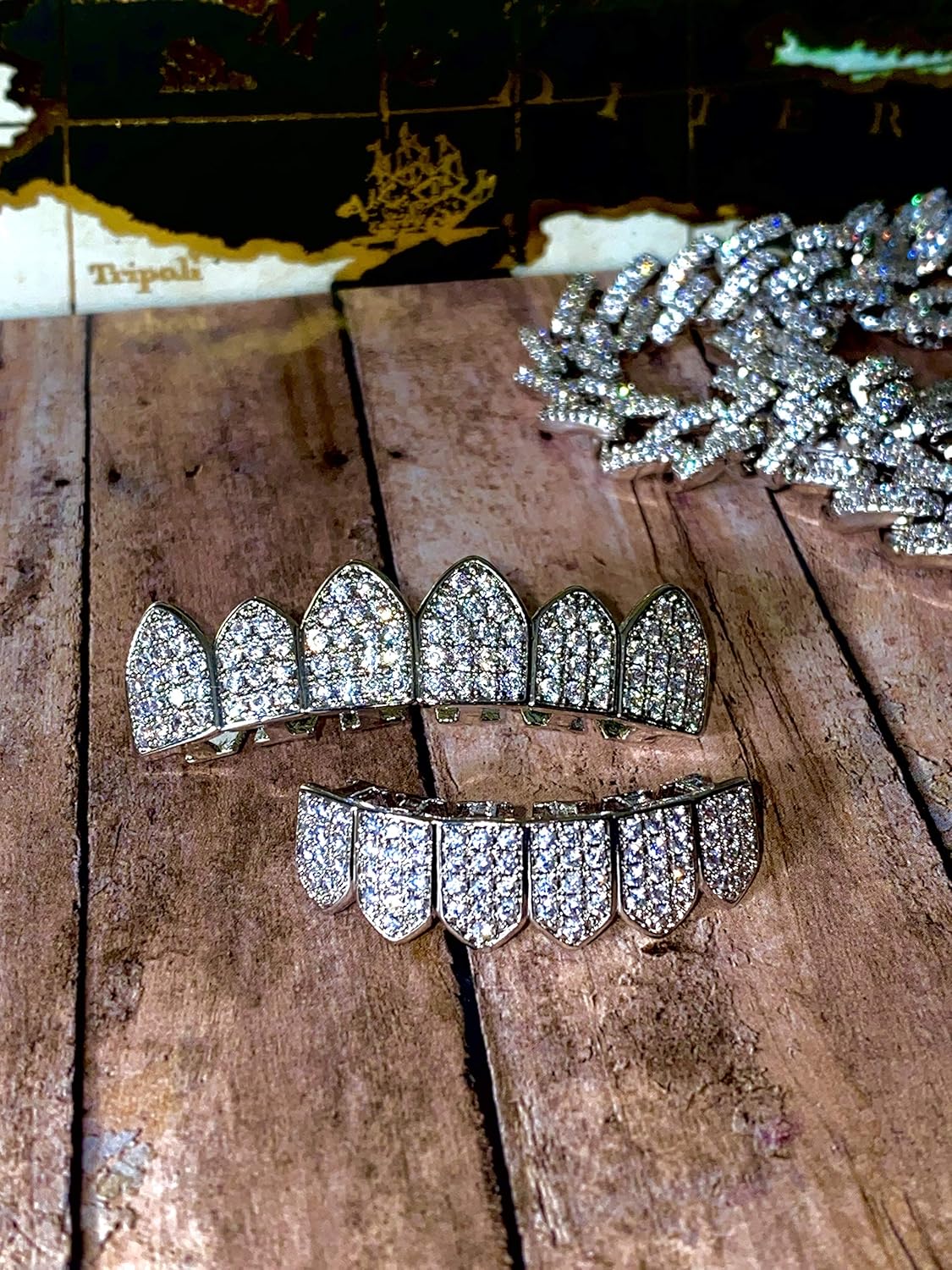 18K White Gold Plated CZ Cluster Custom Slugs Top & Bottom Grillz Mouth Teeth Grills Set - Teeth Cap, Iced Out Grillz