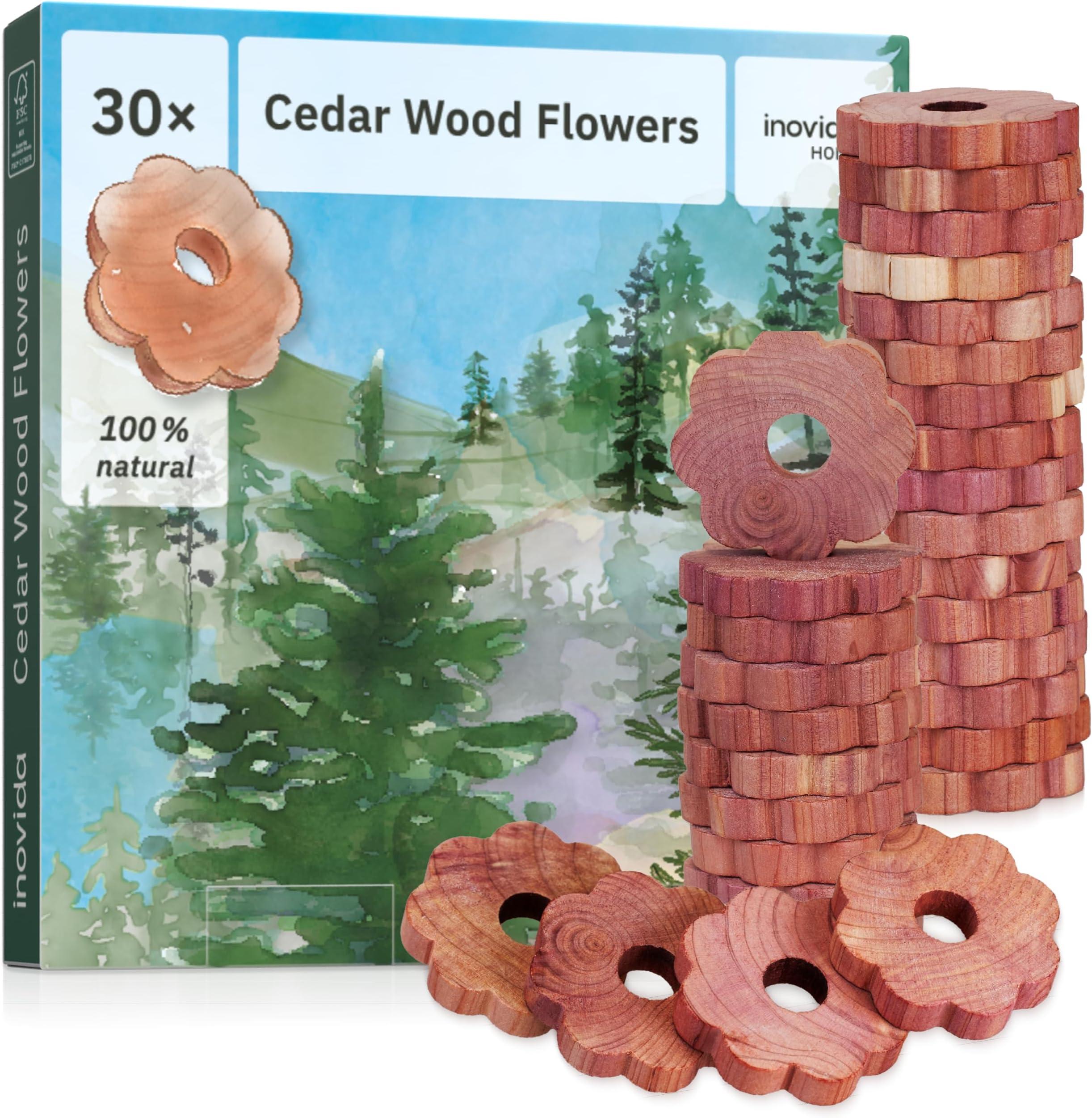 Cedar Wood Moth Protection Rings: 30 Cedar Wood Cabinet Scented Flowers Moth Protection for Wardrobe - Natural Wardrobe Fragrance - Moth Protection in Wardrobe Against Clothes Moths