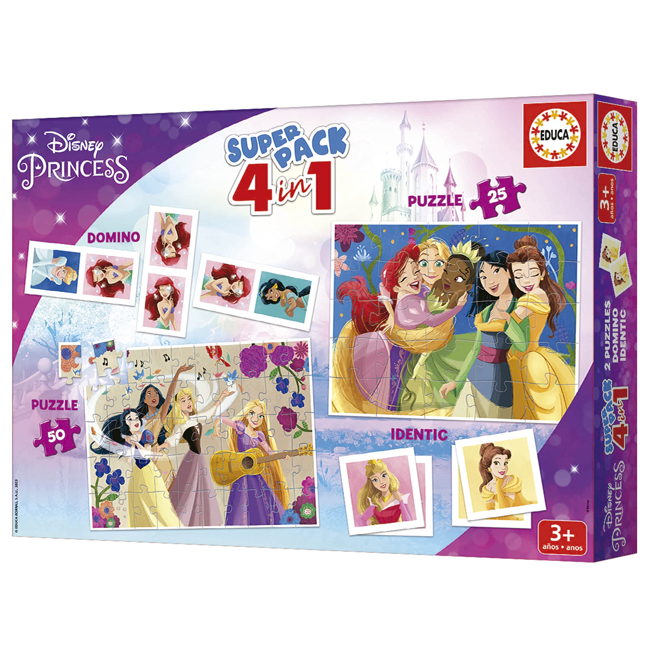 Educa - Superpack 4 w 1 Disney Princess | Gry planszowe dla dzieci: Domino, identyczne z 28 kartami i 2 zagadkami po 25 i 50 sztuk. Wiele możliwości gry. 19683 lat (3 lat)