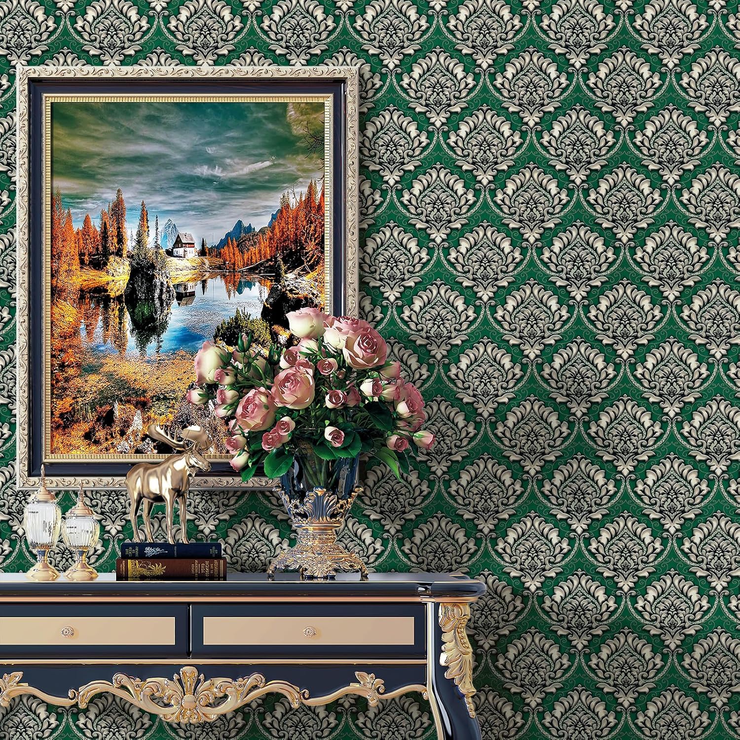 Damask Contact Paper Wallpaper Peel and Stick Removable Green Damask Furniture Decor Paper Self-Adhesive Drawer Shelf Liner Vinyl Decorative Film Roll 17.7" x 9.8ft