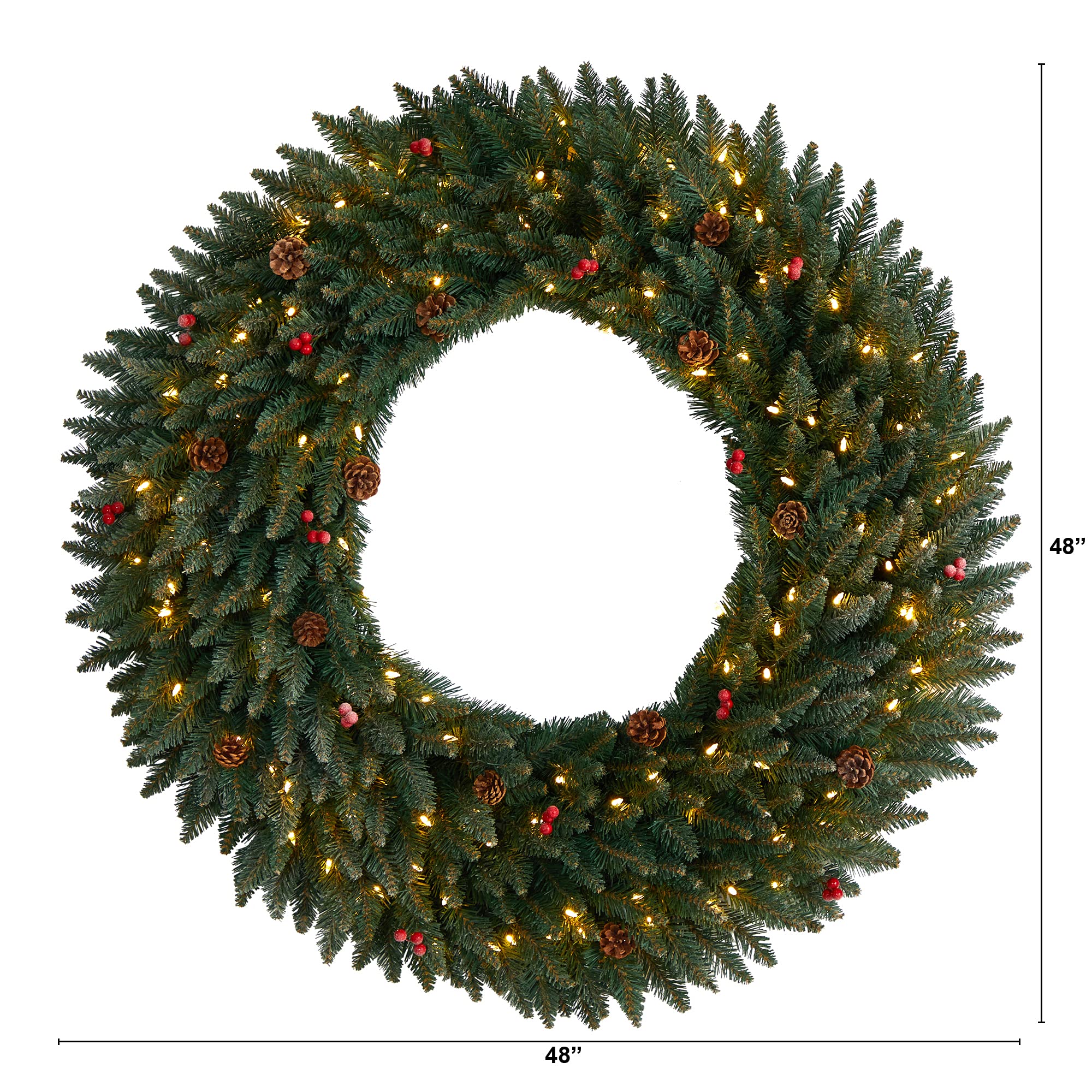 Nearly Natural 1,2 m großer beflockter künstlicher Weihnachtskranz mit Tannenzapfen, Beeren, 150 klaren LED-Lichtern und 400 biegbaren Zweigen