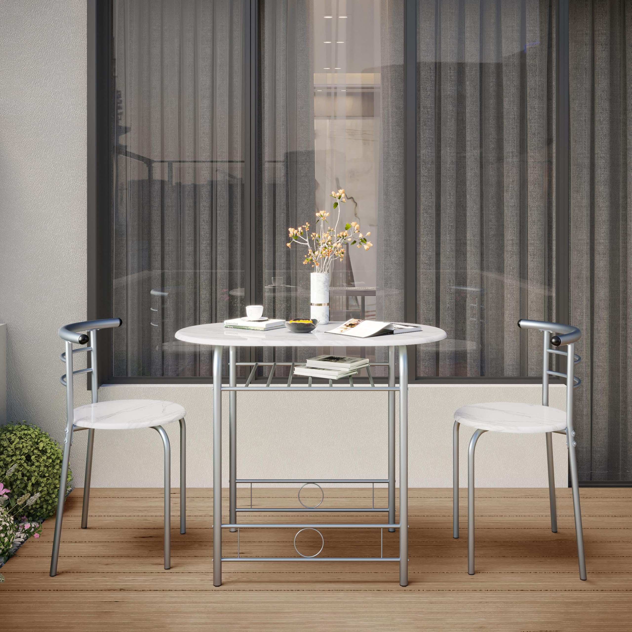 Set Tavolo Moderno con 2 Sedie per Sala da Pranzo, Set 3 Pezzi Mobili Salvaspazio da Cucina Balcone Ristorante Bar per 2 Persone in Legno e Metallo Sedia Portata Bianco 80 x 53 x 75,5 cm