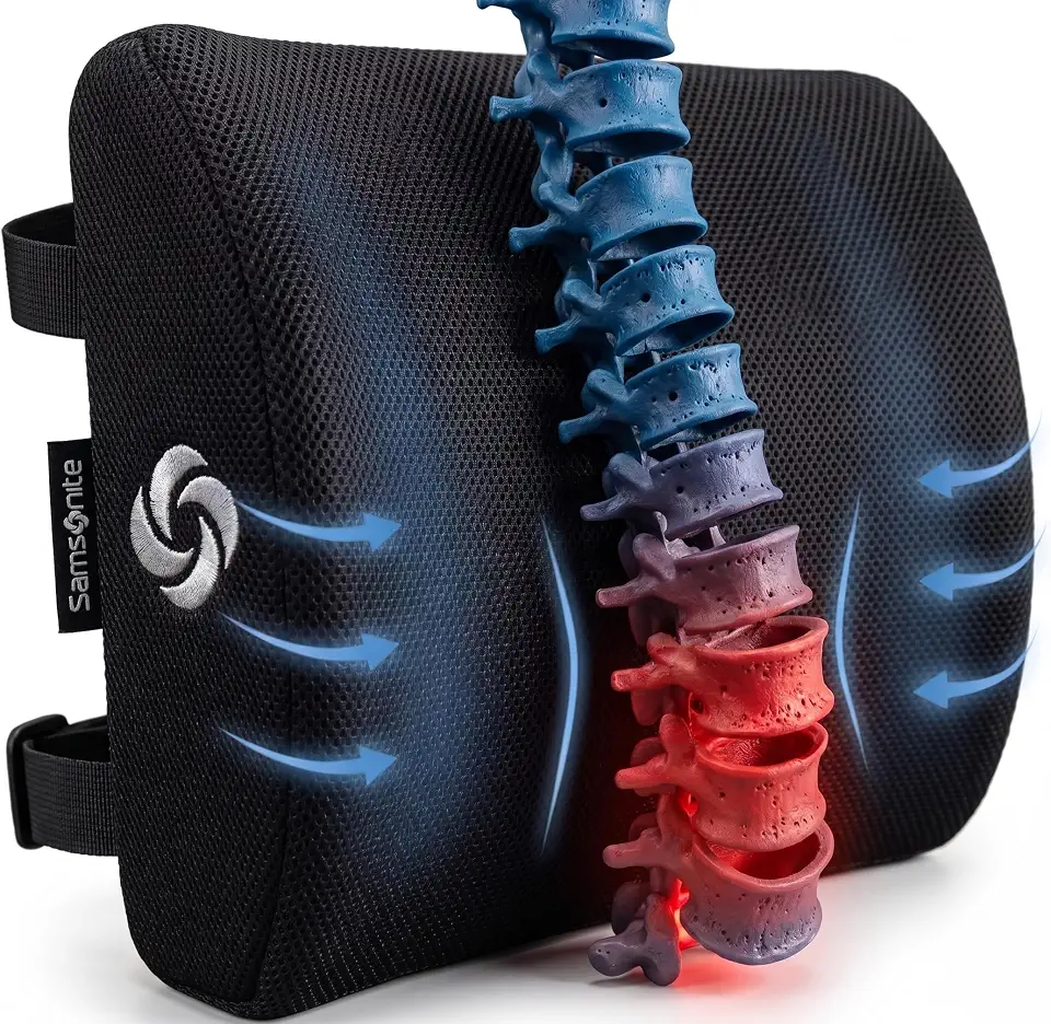 SAMSONITE Almofada de suporte lombar para cadeira de escritório e assento de carro, espuma viscoelástica perfeitamente equilibrada, almofada versátil para uso na parte inferior das costas