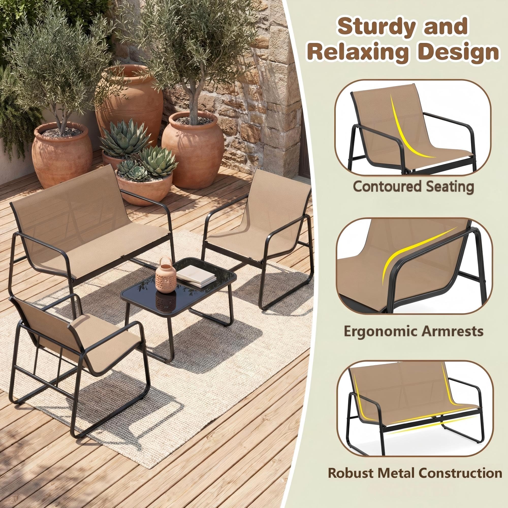 GIANTEX 4-częściowy zestaw mebli ogrodowych, 1 sofa 2-osobowa, 2 krzesła, 1 stół ze szkła hartowanego, stabilna metalowa rama, zestaw mebli ogrodowych na patio, ogród, podwórko (brązowy)