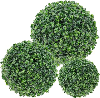 3Pcs Artificial Boxwood Cut Ball Hanging Fake Realistic Natural Garden Boxwood Figurine Cut Mixed Size Grass Balls for Indoor Garden Porch Home Wedding Decoration