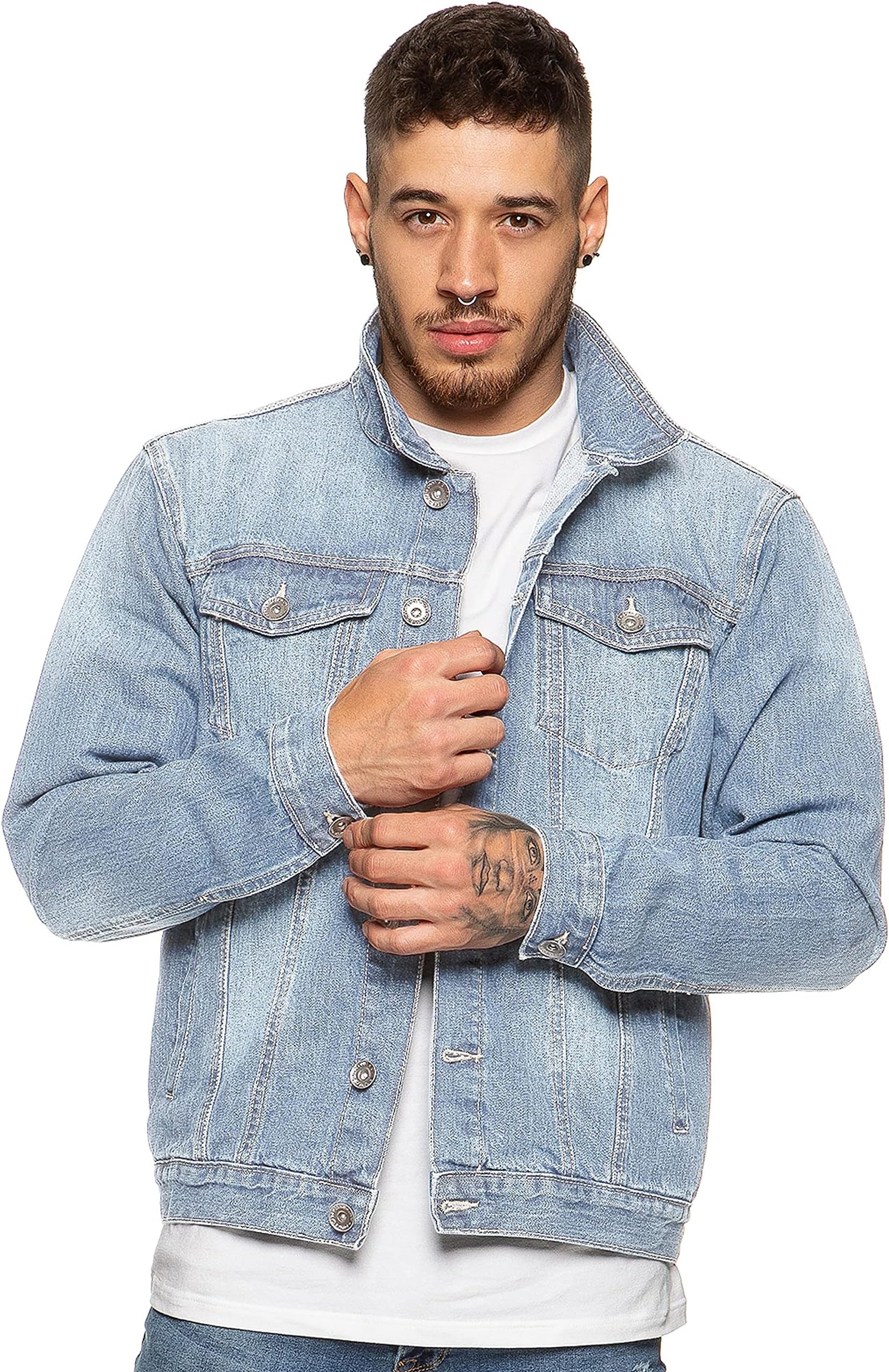 Enzo Mens Designer Denim Jacket Western Classic Style Trucker Vintage Style Coat (XXL, Light Blue)