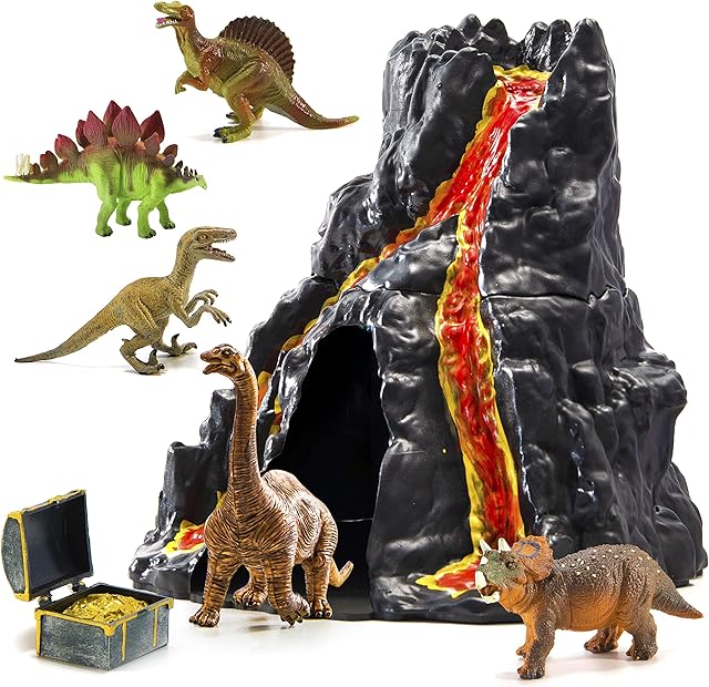 Prextex Lava-Painted Volcano House With Hidden Door And 5 Dinosaurs With Treasure Box Dinosaur Toys For Kids
