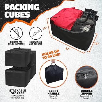Mockins 48x18x6 Folding Trailer Hitch Cargo Carrier & 15 Cu Ft Waterproof Cargo Bag with Packing Cube Set of 4 | Weatherproof 500 Lbs Cap Luggage Rack for SUV Truck Van Car Trailer with Accessories